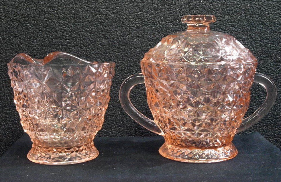 VINTAGE PINK DEPRESSION GLASS SUGAR AND CREAMER SET \