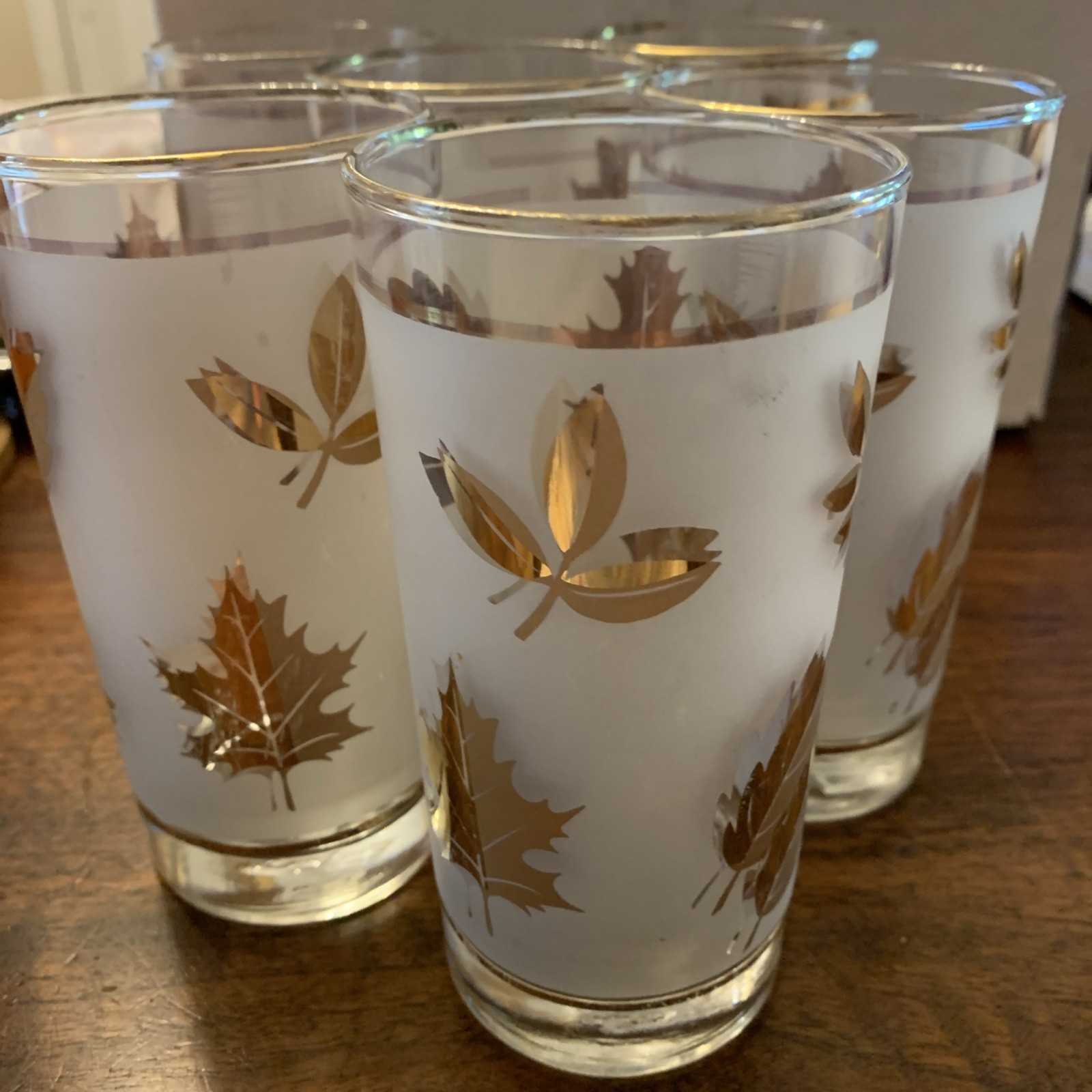 Vintage Frosted Gold Oak Leaf 5.5” Libby Drinking Glass MCM HI Ball Set of 6
