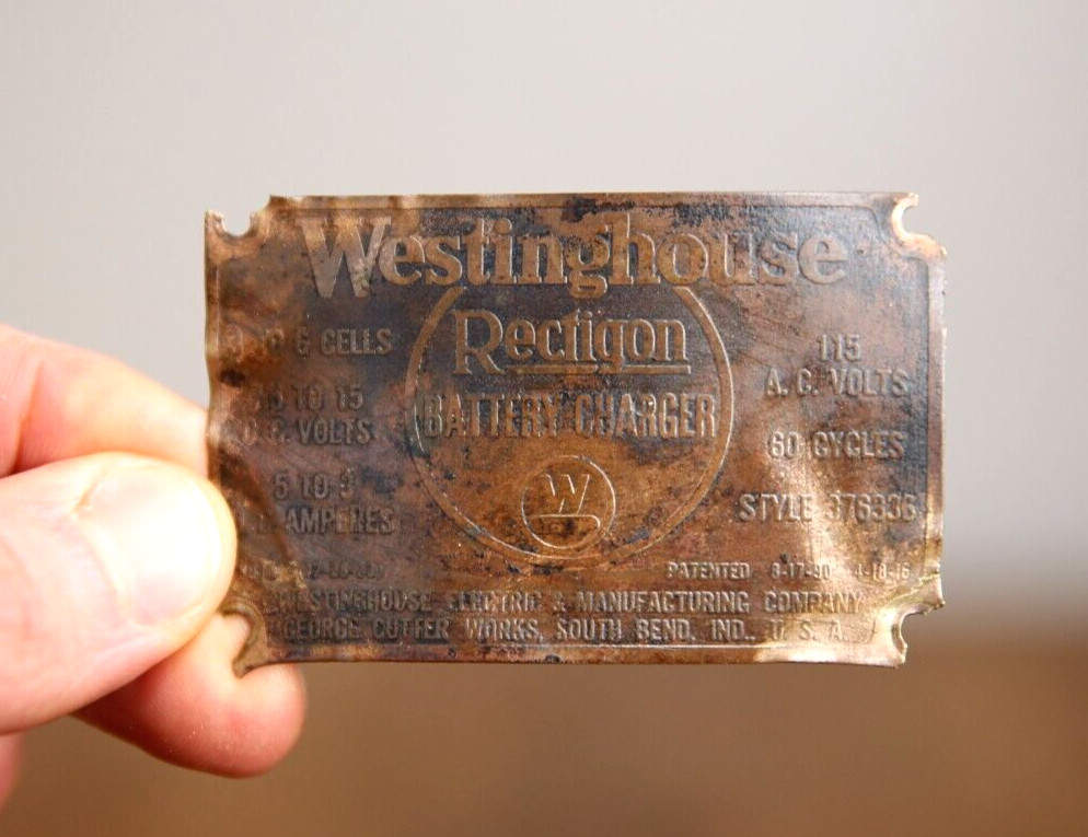 Antique Vintage Westinghouse Battery Charger Brass Nameplate Badge Sign plaque