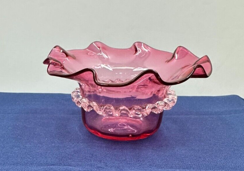 CRANBERRY RUBY GLASS RUFFLED CRIMPED BOWL DISH VTG