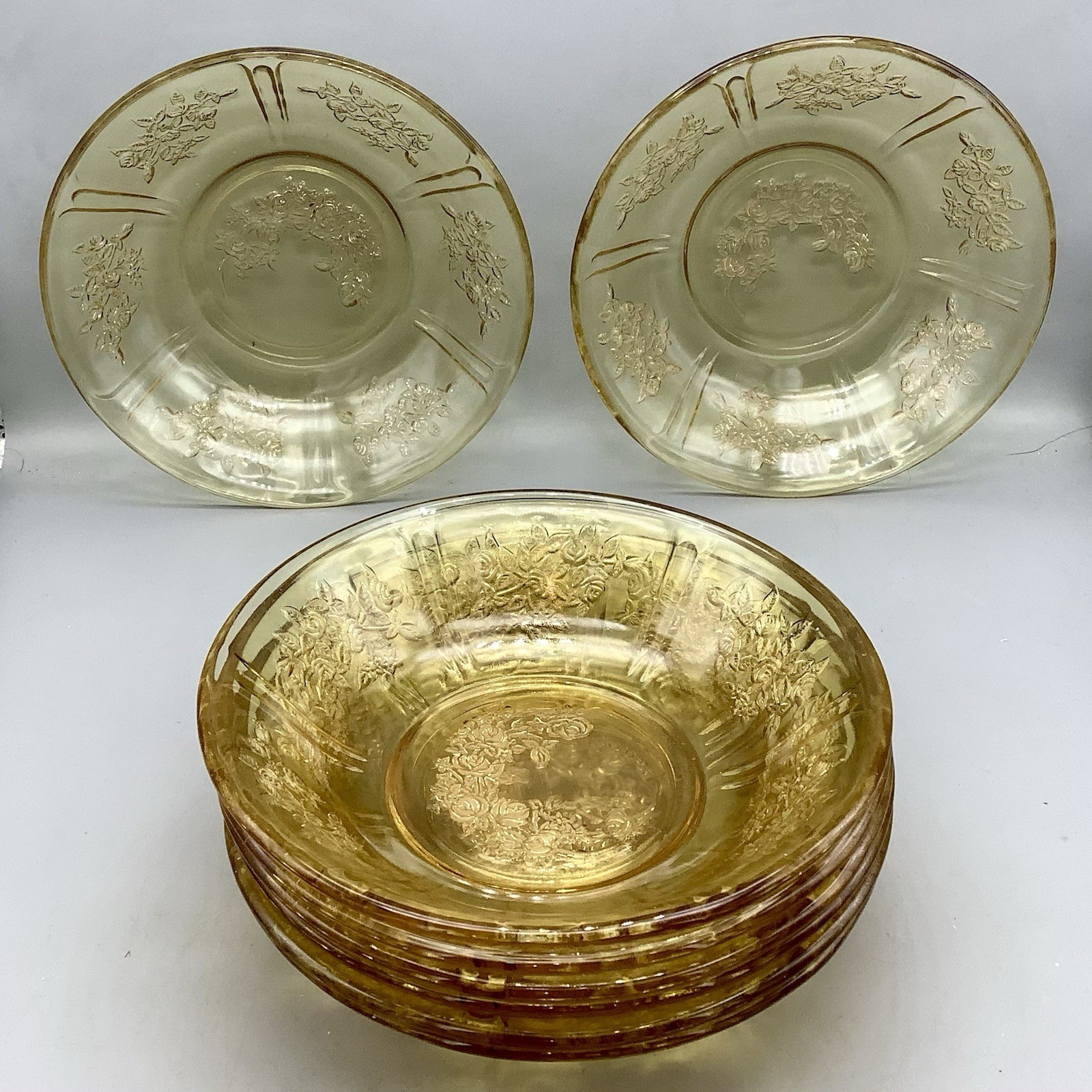 Vintage Federal Glass Amber Sharon Cabbage Rose 6” Cereal/Fruit Bowl (Set Of 8)