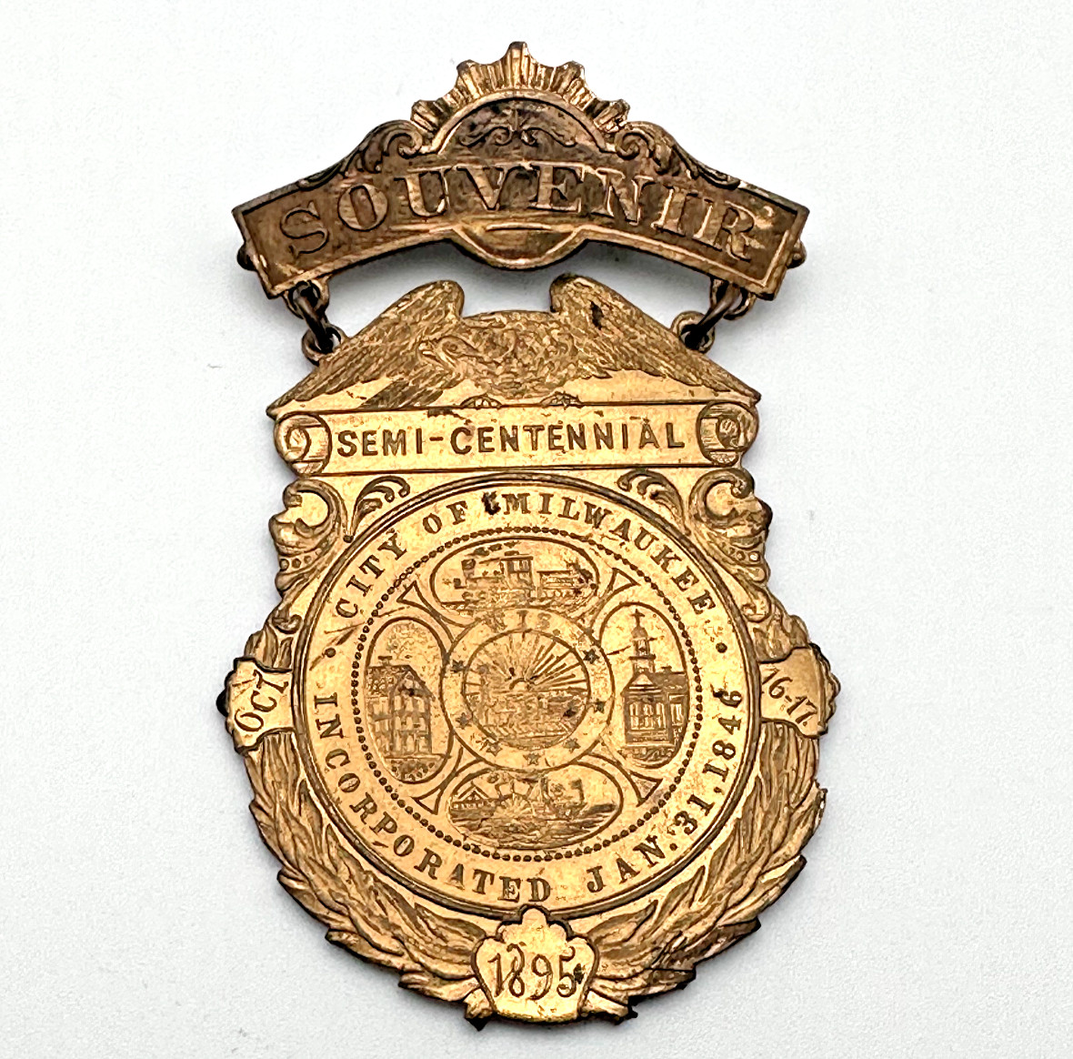 1895 MILWAUKEE WISCONSIN SOUVENIR BADGE PIN MEDAL SEMI-CENTENNIAL - C CLASP A89