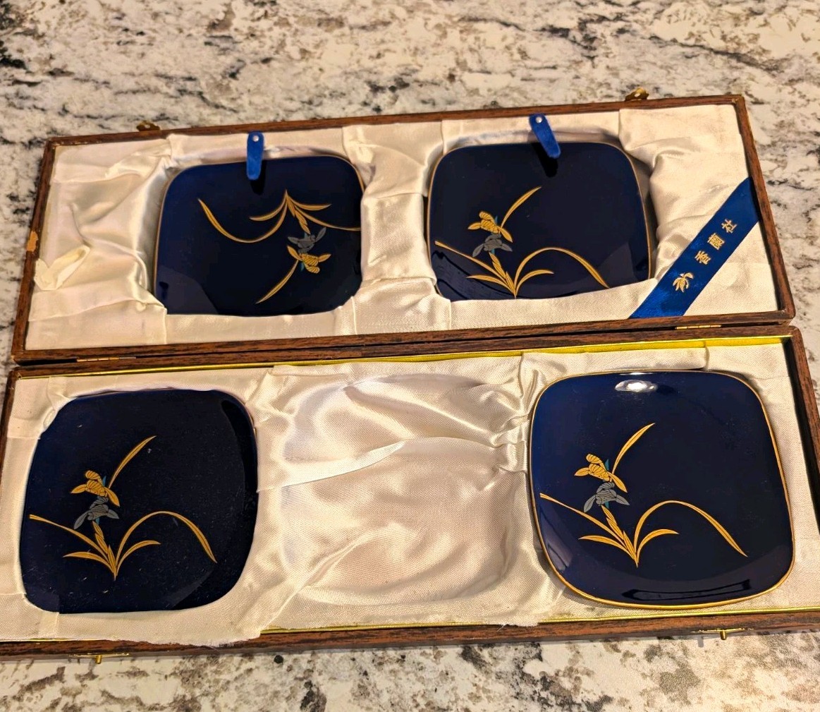 Vintage Koransha Arita Yaki Japan Cobalt Blue Gold Floral Square Plate Set of 4