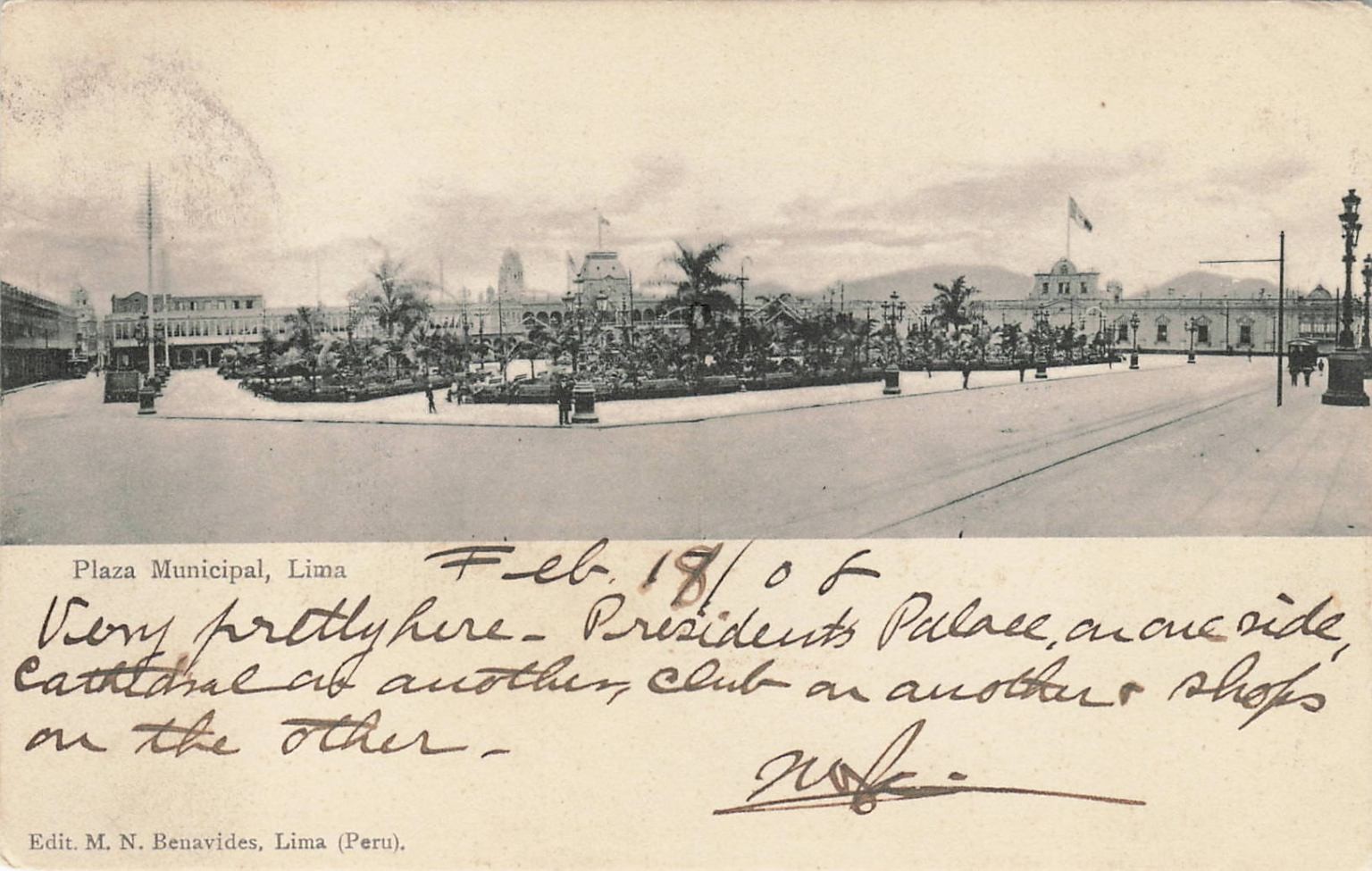 1907 Lima Peru Plaza Municipal President\'s Palace Cathedral Posted RPPC Postcard