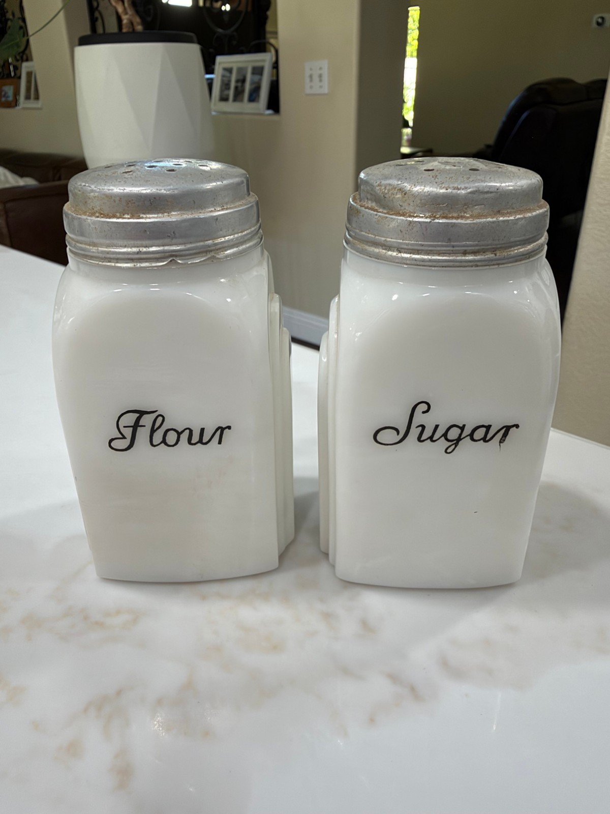 Vintage Milk Glass Flour Sugar Shakers Black Script Metal Lids Pair 1940s Vintage Milk Glass Flour Sugar Shakers Black Script Metal Lids Pair 1940s