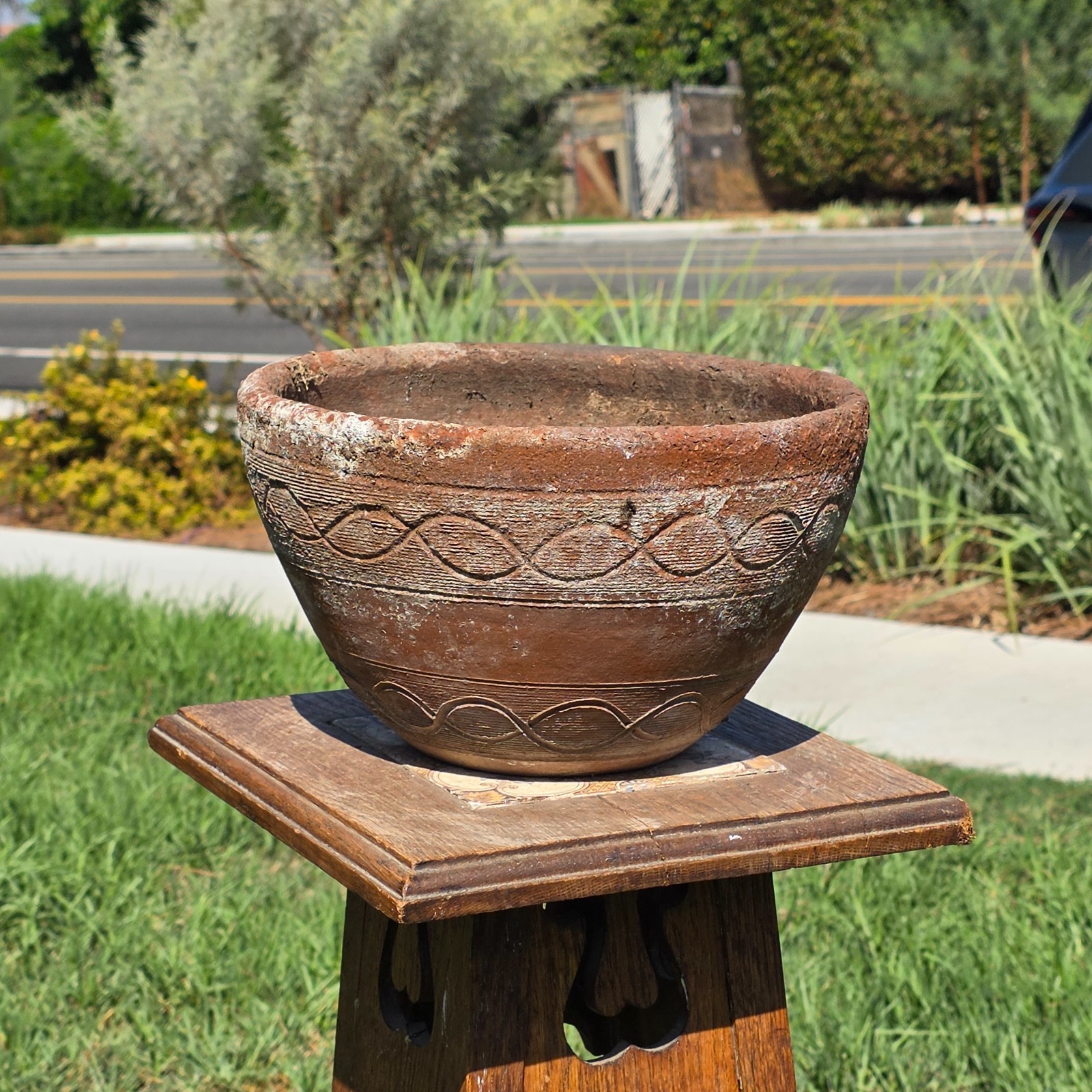 Vintage Terracotta Planter Primitive Hand Carved Geometric Wave Clay Pot 11
