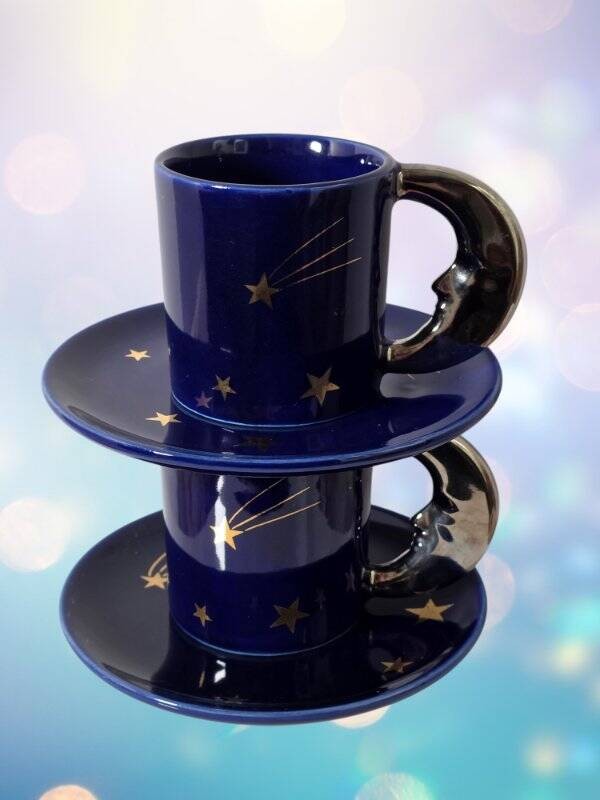 Vintage Celestial Blue Moon 1978 Cup and Saucer Sets Vandor Japan Hand Painted