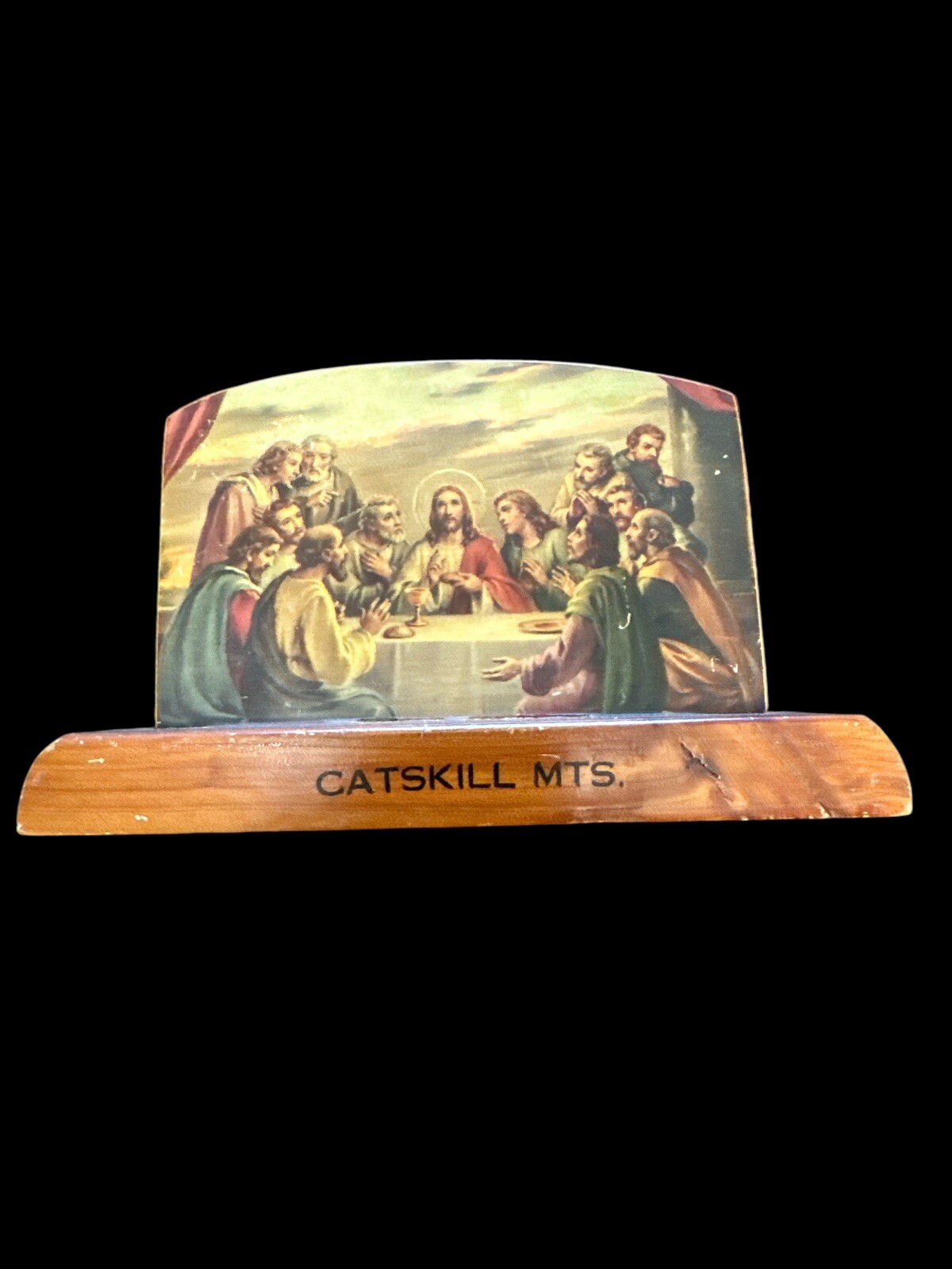 Vintage Souvenir Wooden Catskill Mountains Tabletop Sign Jesus The Last Supper
