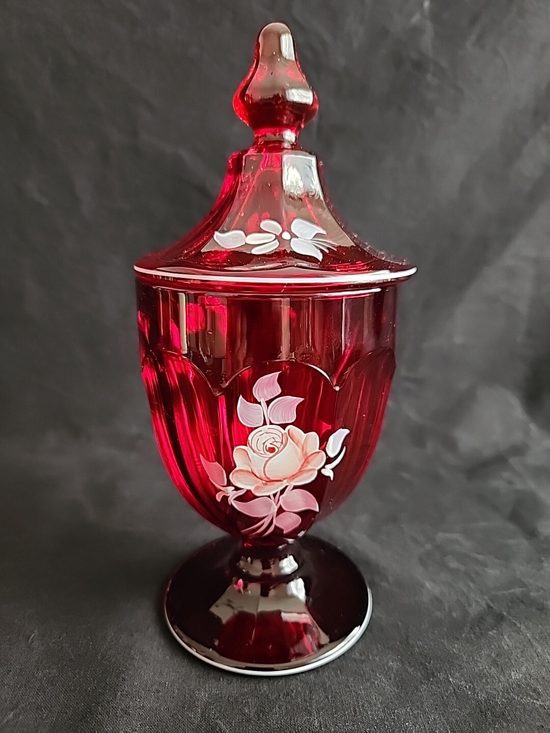 Westmoreland Ruby Red Glass Candy Dish Hand Painted Artist Signed Floral Rose