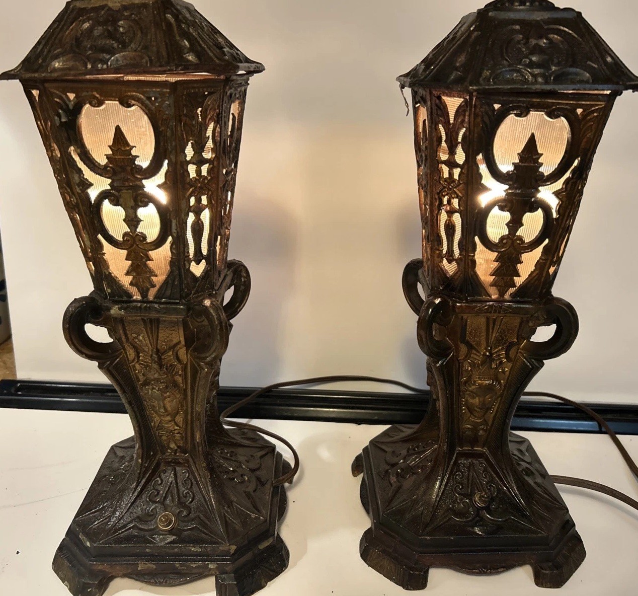 Antique Jennings Brothers Gothic Boudoir Lamps PAIR 1920s Signed JB CROWN FACE