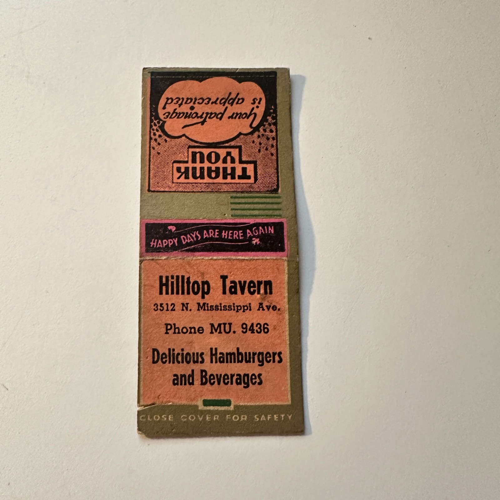 Hilltop Tavern Delicious Hamburgers Vintage Matchbook Cover 4MB120-6