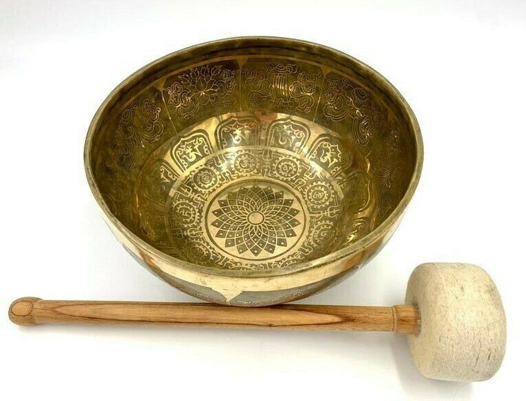 12 Inches Special Flower Of Life Mandala Carving Singing Bowl - Chakra Healing 