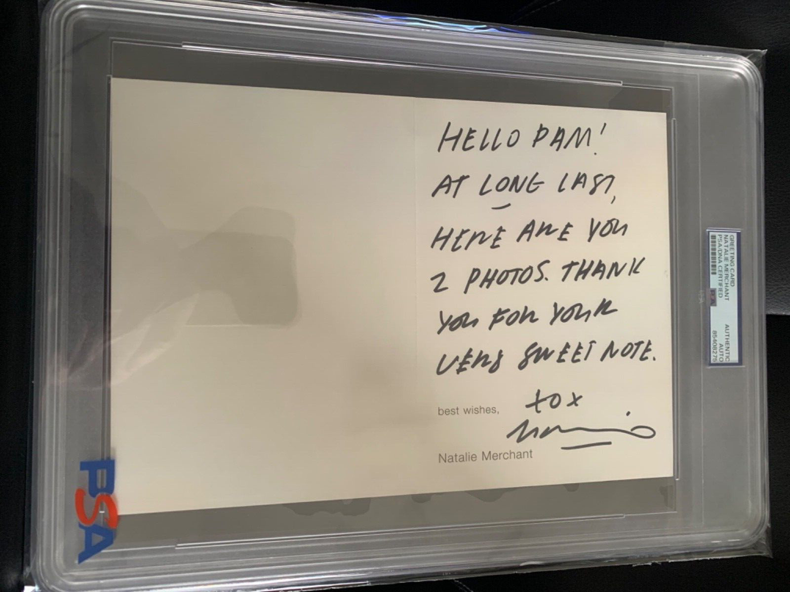 NATALIE MERCHANT HAND SIGNED+HAND WRITTEN GREETING CARD     RARE     PSA SLABBED