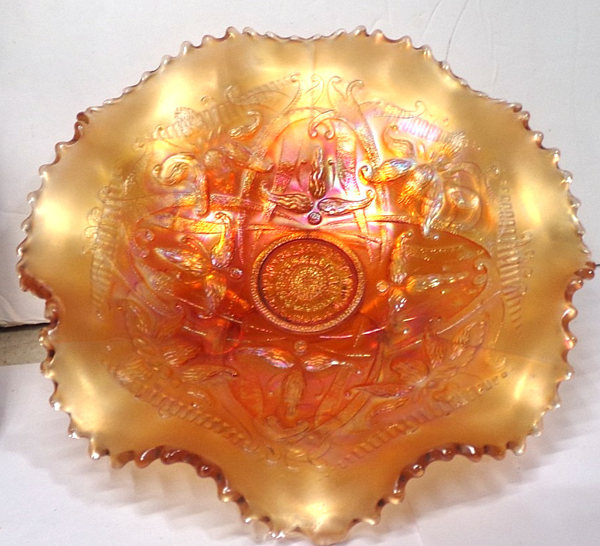 Vintage NORTHWOOD Iridescent Marigold WISHBONE Footed Ruffled Bowl 8.5\ Vintage NORTHWOOD Iridescent Marigold WISHBONE Footed Ruffled Bowl 8.5\