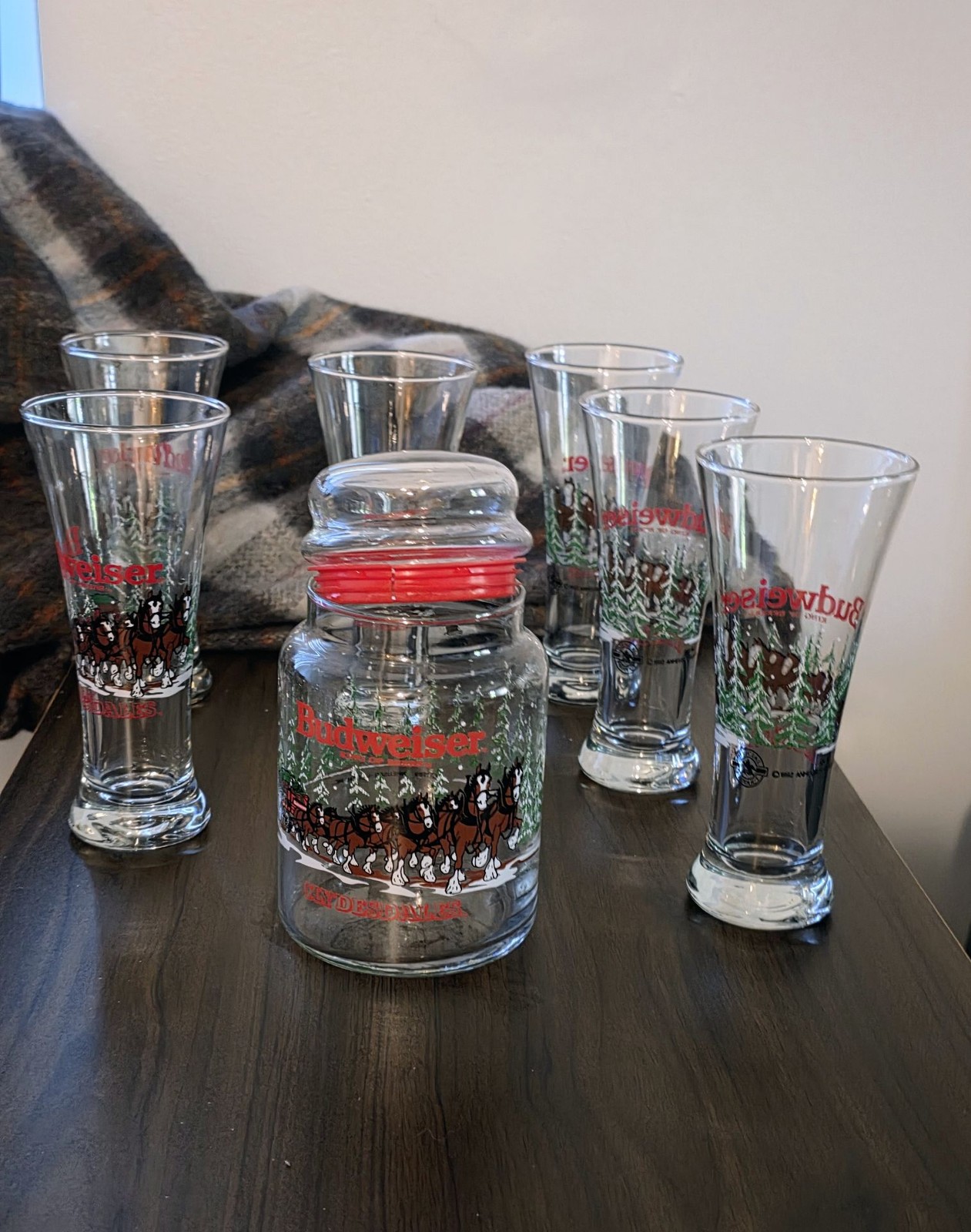 Vintage Budweiser Clydesdales Glassware Set with Lid Jar