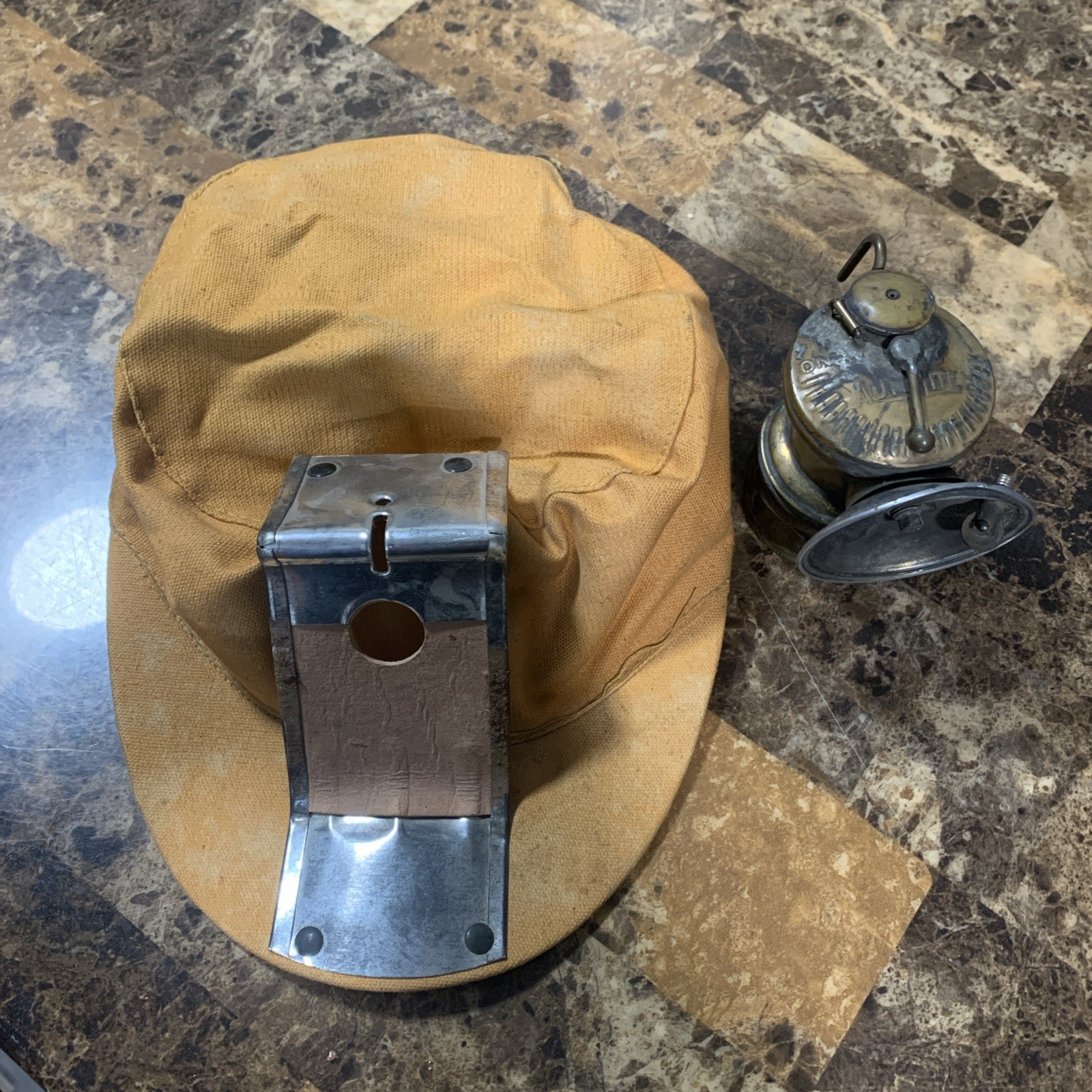 Vintage Miner Canvas Cap Hat Orange W Brass Auto lite Lamp