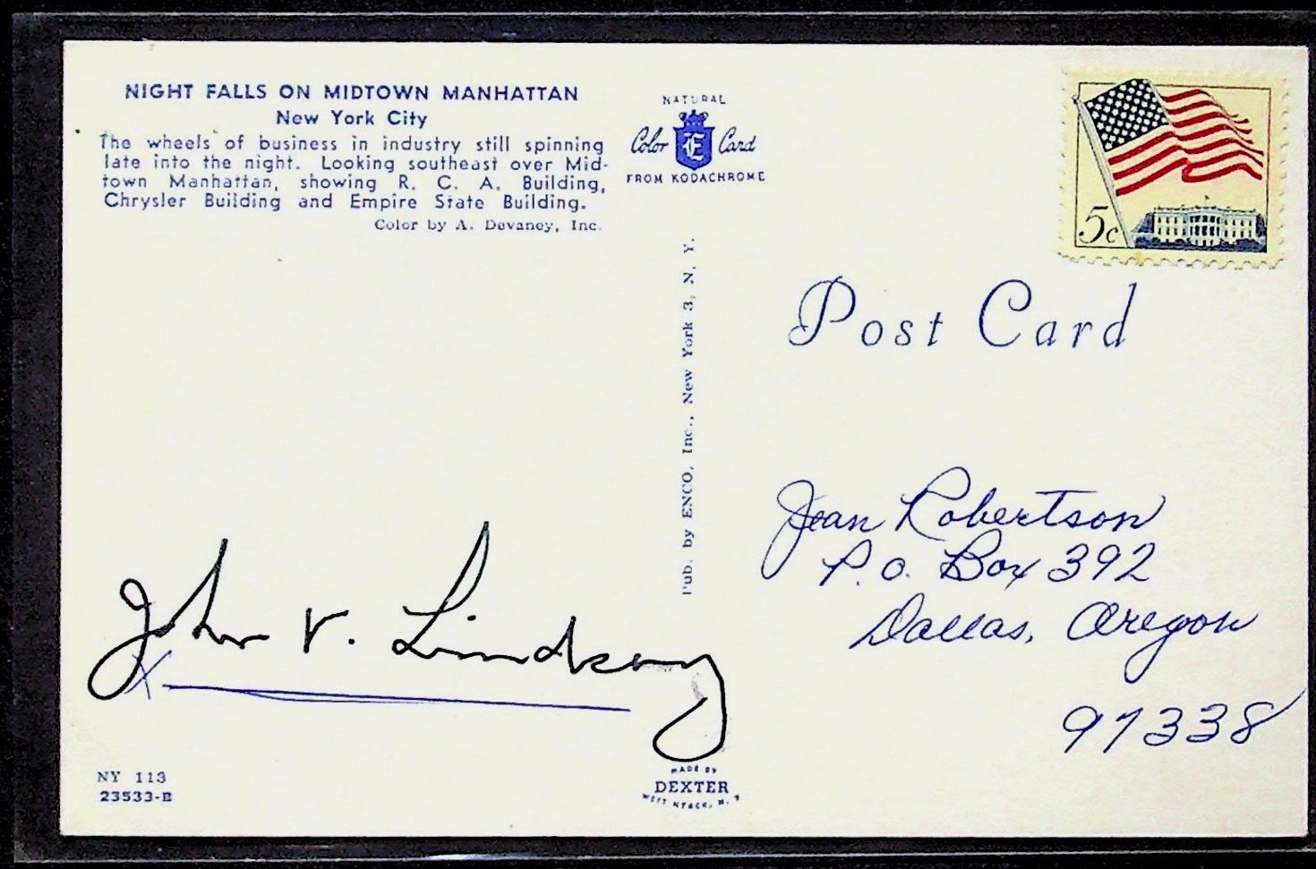 Vintage Postcard Autograph Signature Night Falls NYC John V. Lindsay Vintage Postcard Autograph Signature Night Falls NYC John V. Lindsay