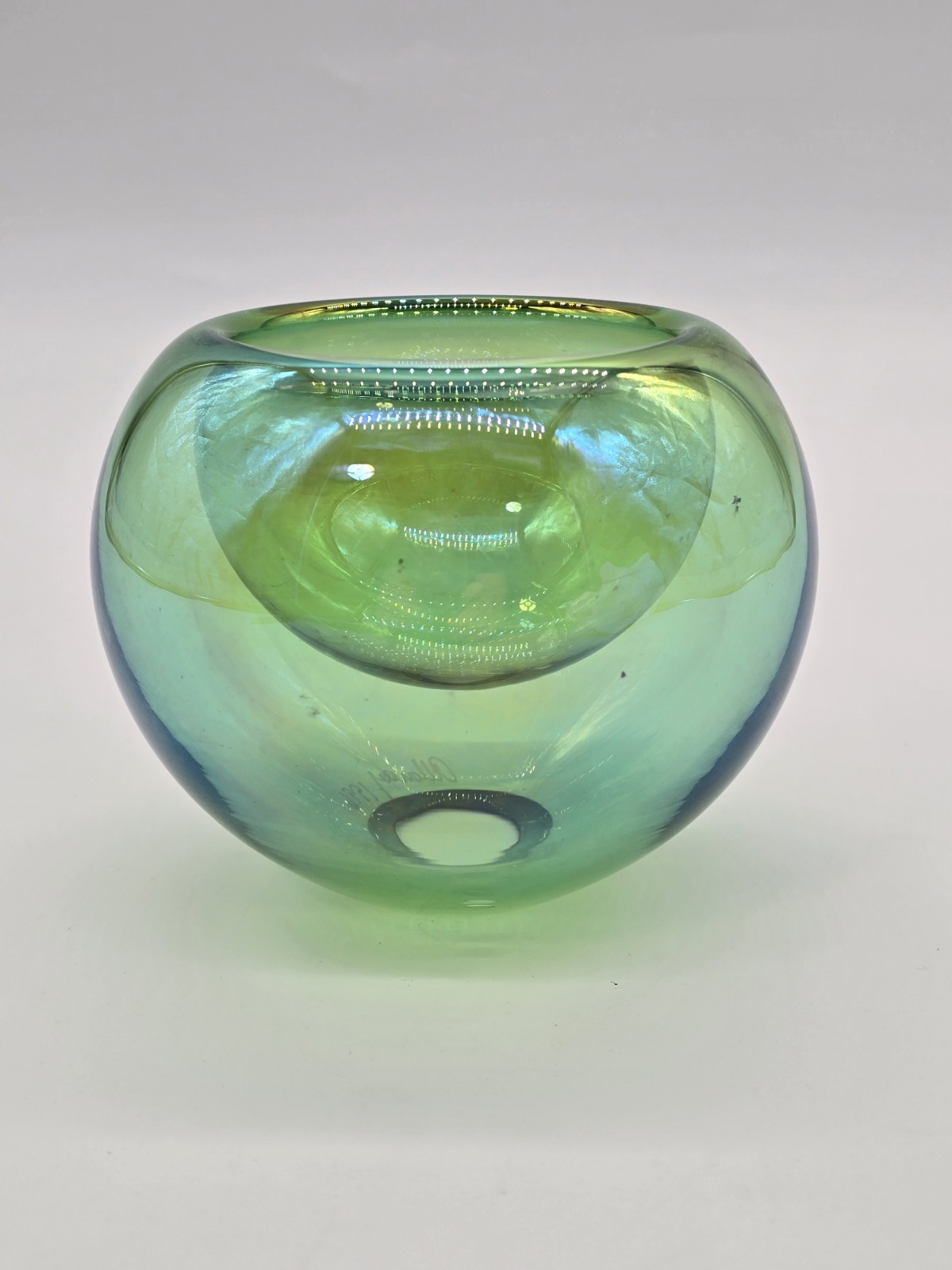 James Alloway Signed Art Glass Bowl Green Blue Iridescent 1996 Studio Glass
