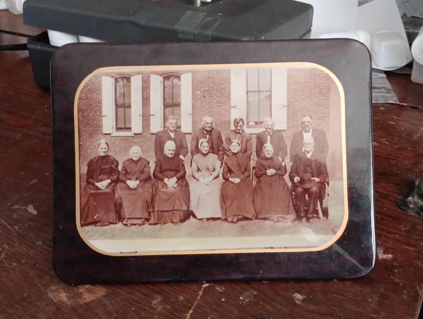 Antique 1800\'s Armish Family Photo Inside Metal Frame Early Photograph W/ Stand