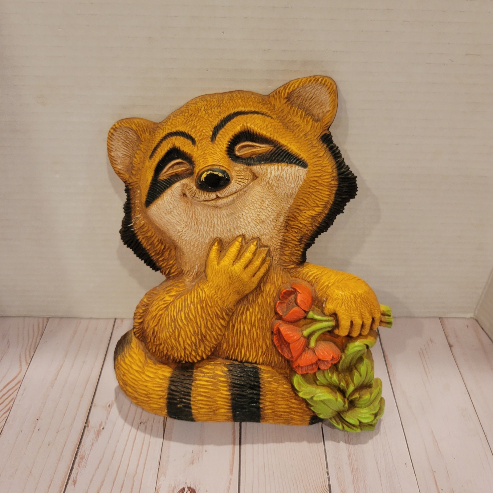 Homco Vintage 1970 MCM Raccoon Flower Wall Hanging Decor USA