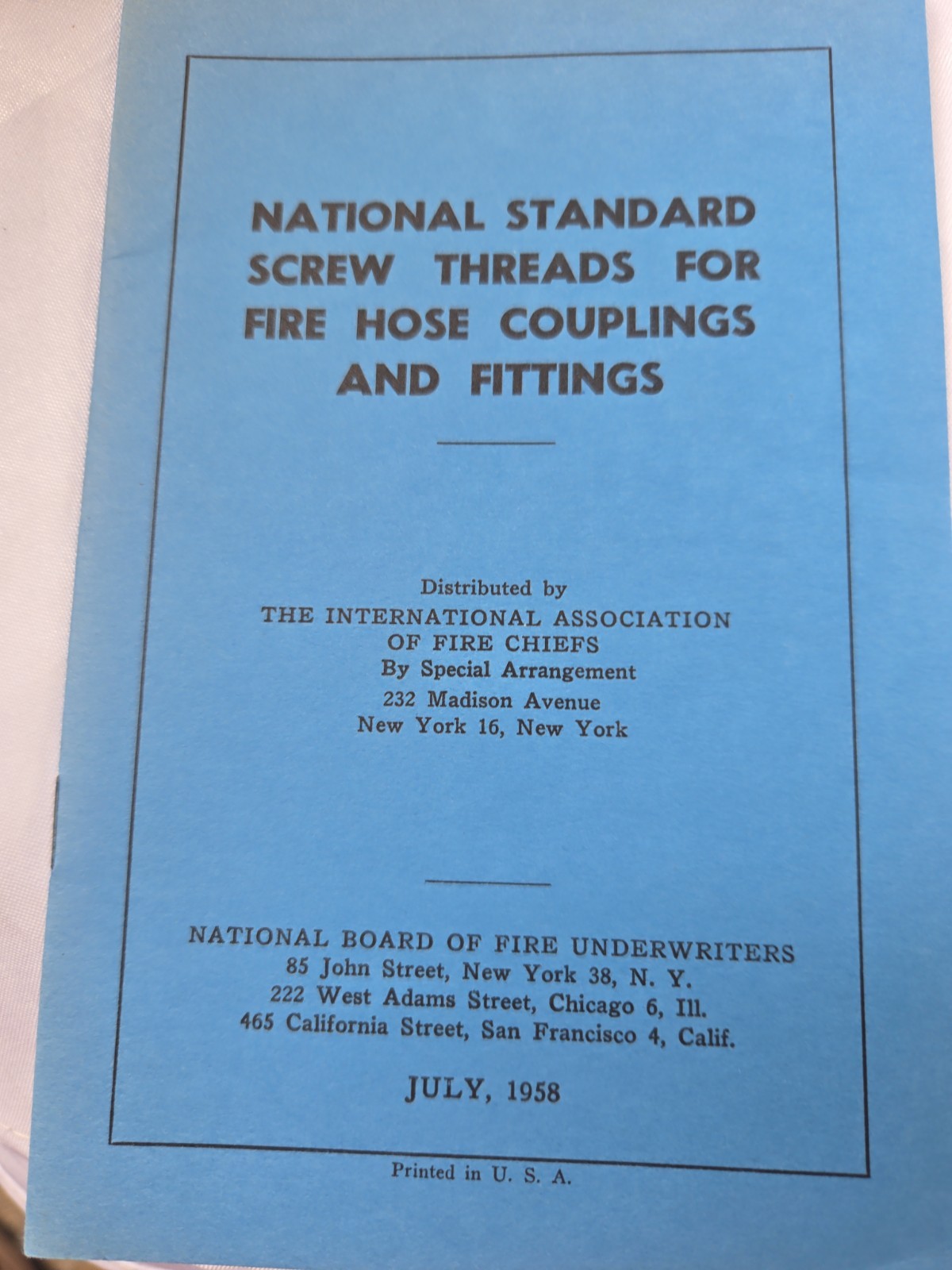 Vintage 1958 National Standard Fire Hose Couplings & Fittings Thread Manual NST