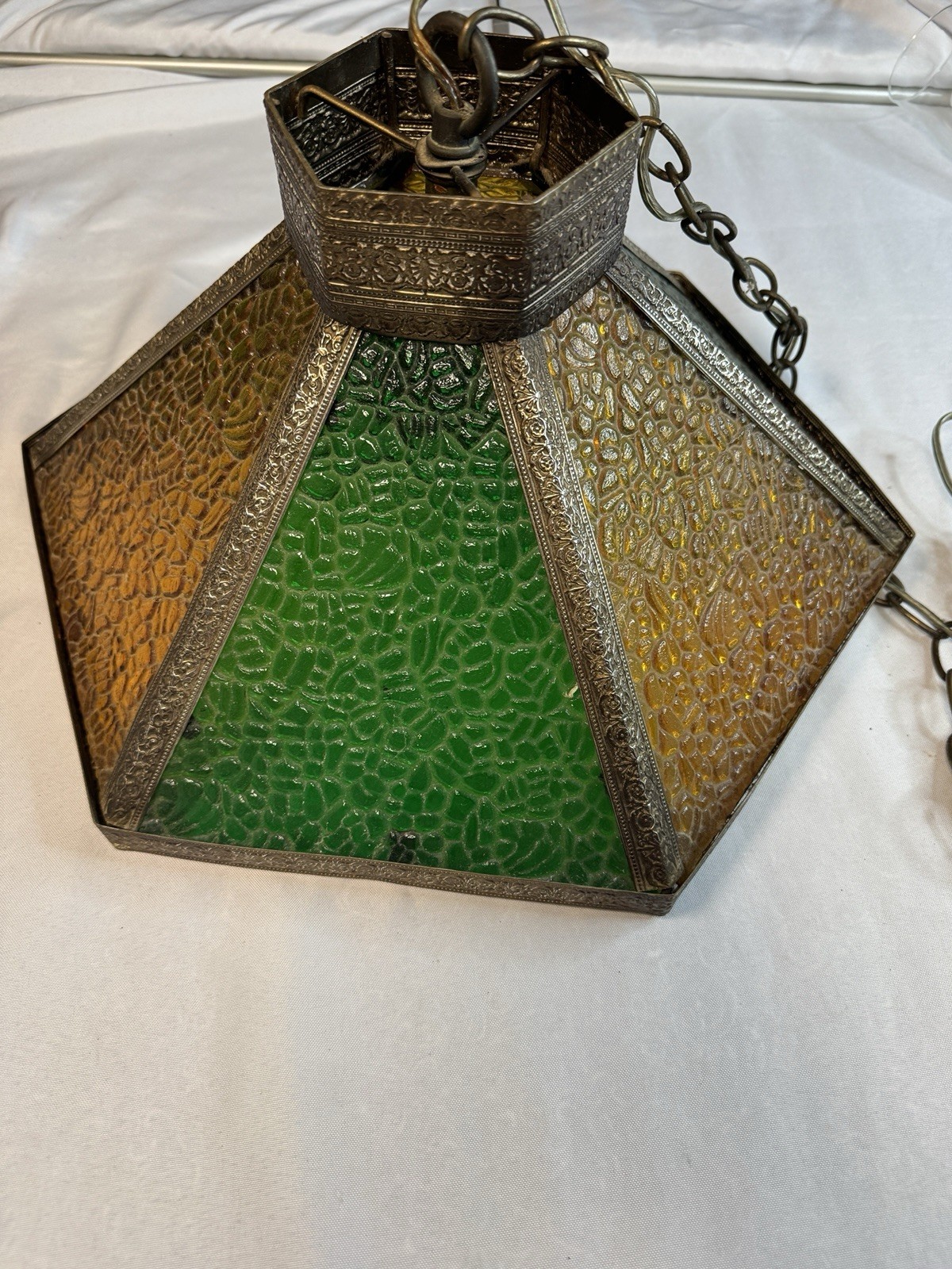 Vintage 70s Swag Lamp Green Amber Slag Crackle Stained Glass Hanging Pendant