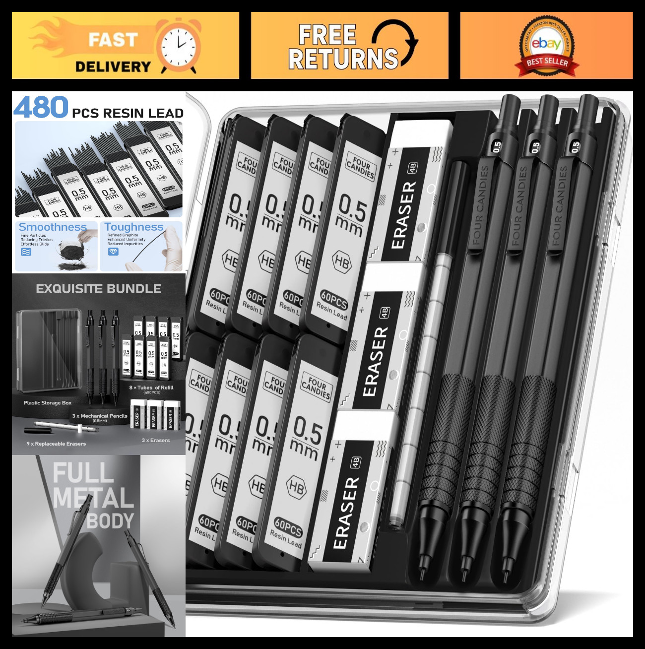 3PCS Mechanical Pencil Set with Case, 0.5mm Metal Pencils, 480PCS HB Lead Refill 3PCS Mechanical Pencil Set with Case, 0.5mm Metal Pencils, 480PCS HB Lead Refill