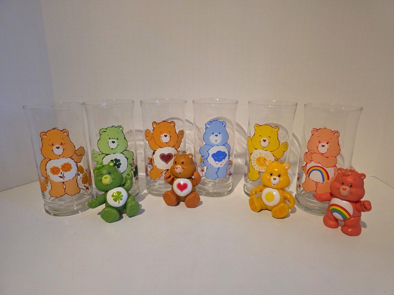 VINTAGE Care Bears Pizza Hut 1983 Complete Glass Set of 6 Glasses & BONUS Bears