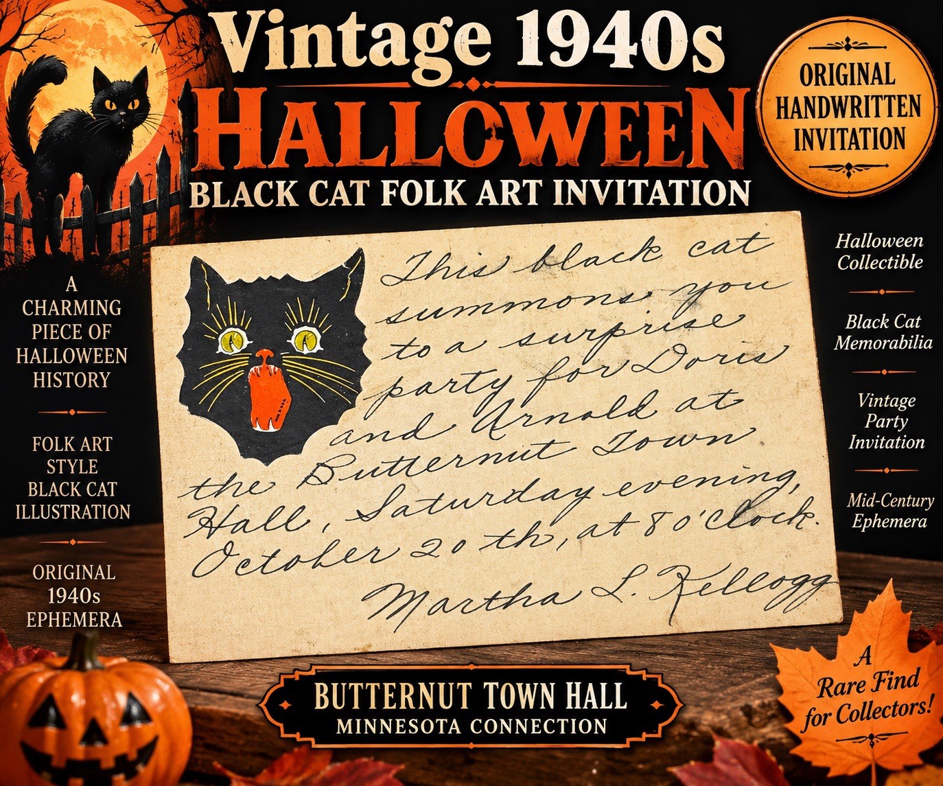 VTG 1940s Halloween Invitation Black Cat Folk Art Surprise Party Butternut Hall