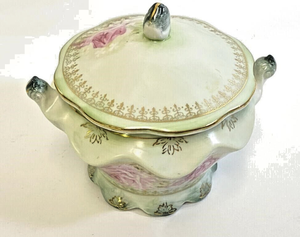 JAPANESE PORCELAIN Vtg. Nippon Rising Sun Pink Roses Sugar Bowl w/ Lid Edwardian