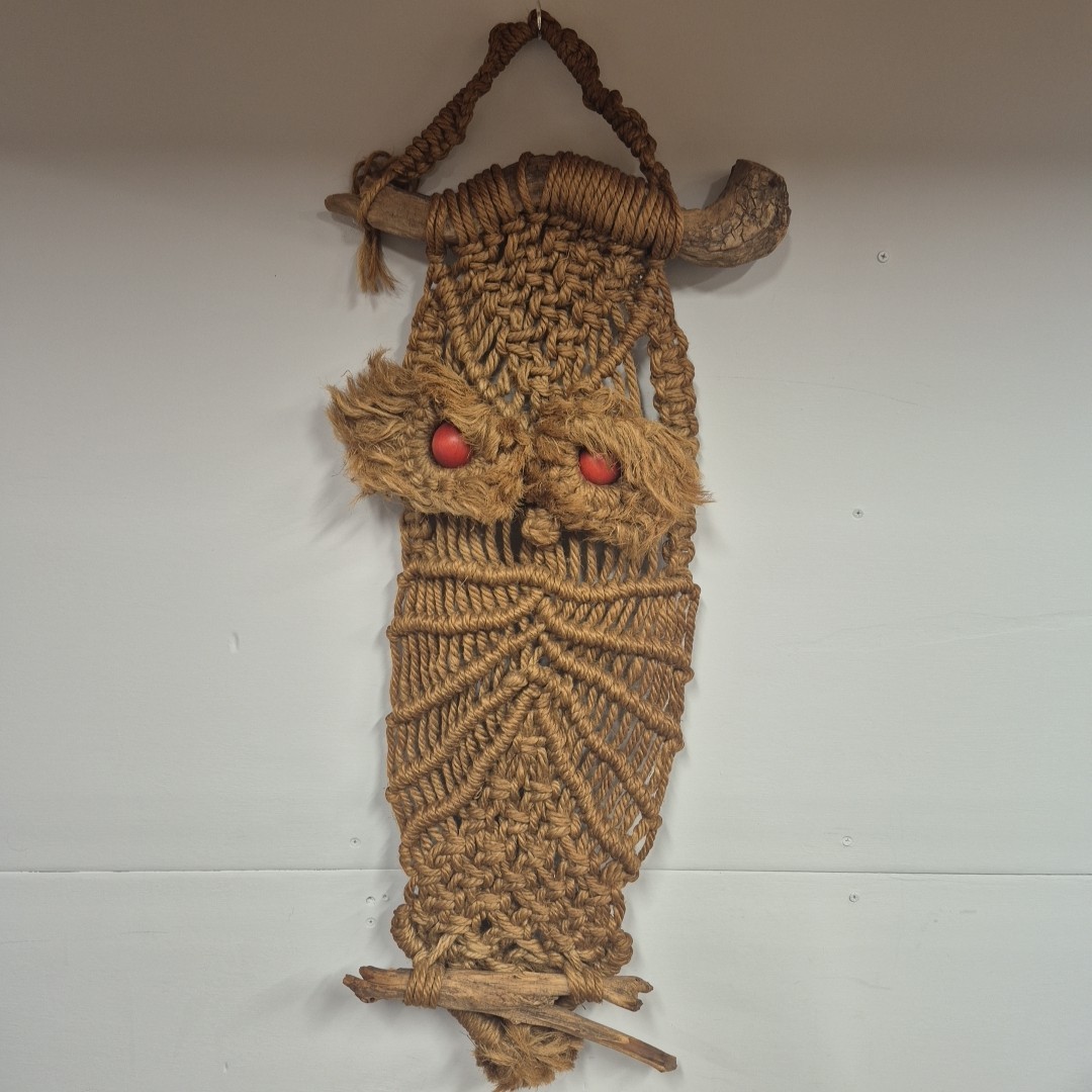 Vintage 1970's Macrame Large Owl Wall Hanging 33” Boho Chic Decor Driftwood MCM
