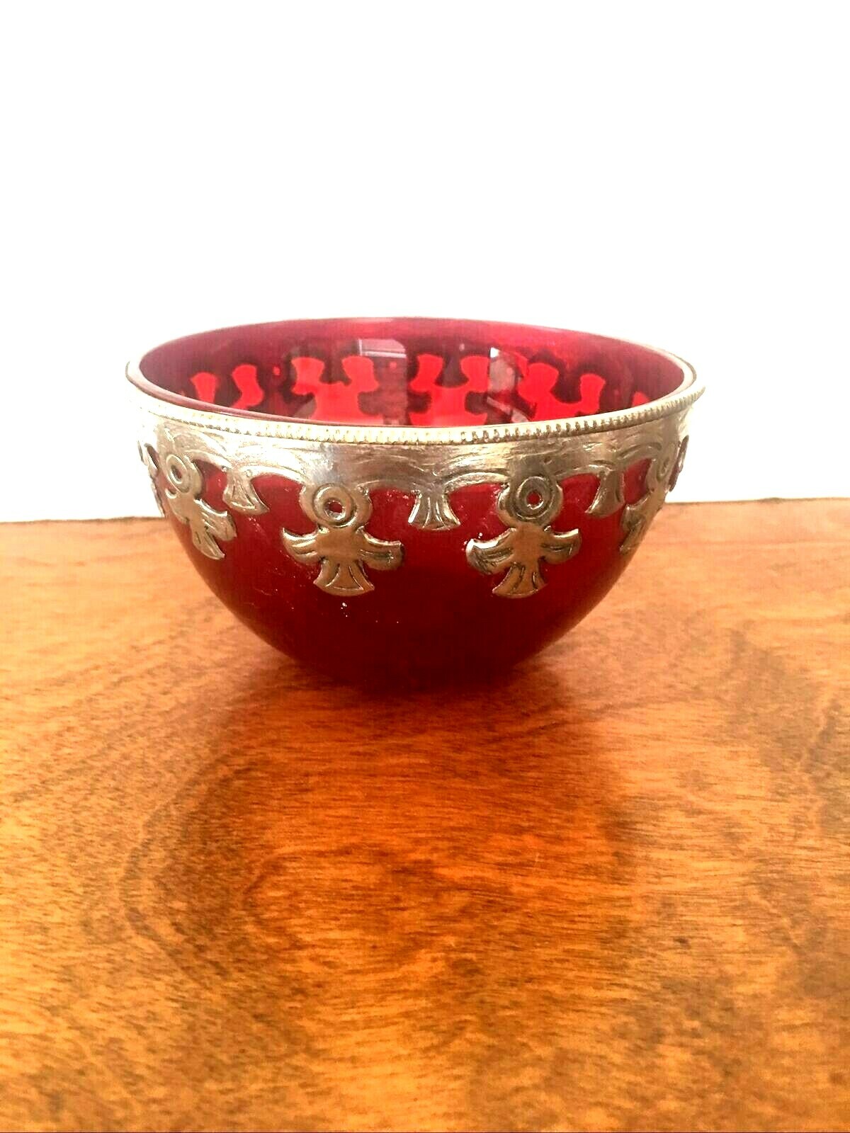 Ruby Red Art Glass Bowl- Silver Metal Trim