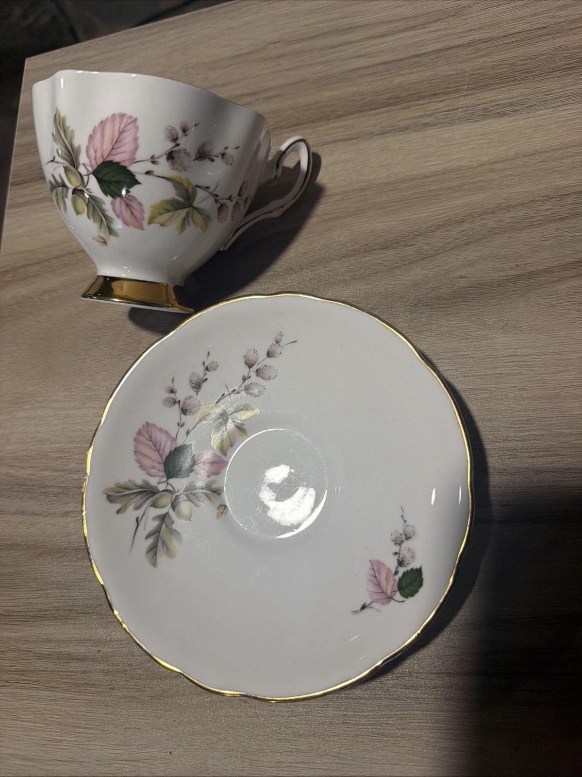 Vintage Duchess Bone China Teacup and Saucer Autumn Hazelnut Leaves England Gold