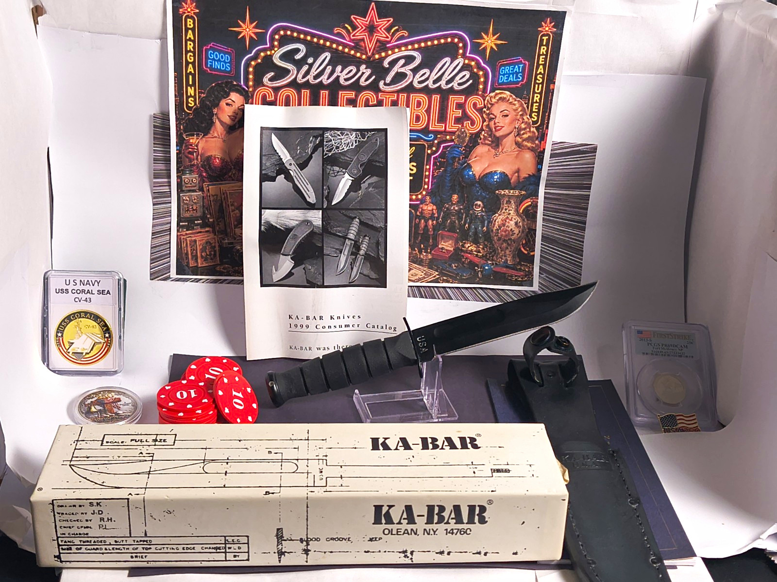KA-BAR 1256 Short Black Fixed Blade Knife Sheath Box w/ 1999 Catalog USA