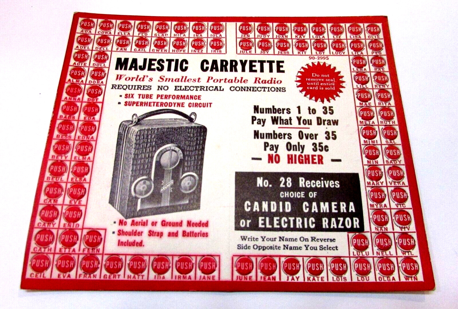 Antique Unused Game Prize Punch Card Majestic Carryette Portable Battery Radio Antique Unused Game Prize Punch Card Majestic Carryette Portable Battery Radio