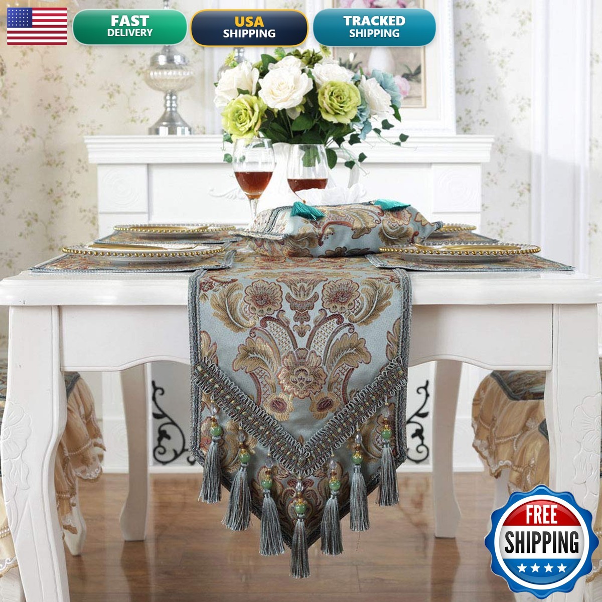 vctops Vintage Jacquard Damask Floral Table Runner 13