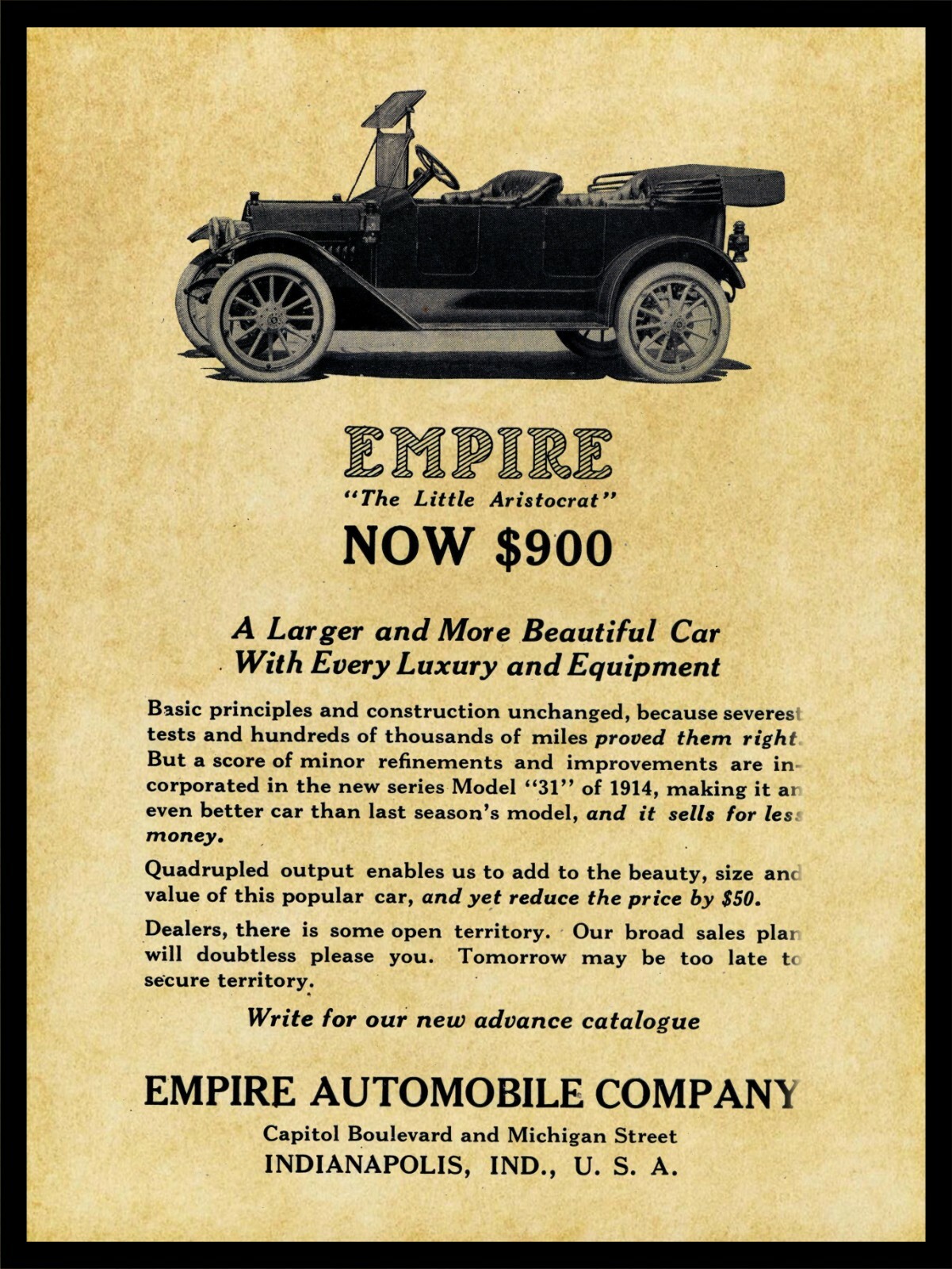 1914 Empire Motor Cars of Indianapolis, Indiana NEW Metal Sign: 12x16 Large Size