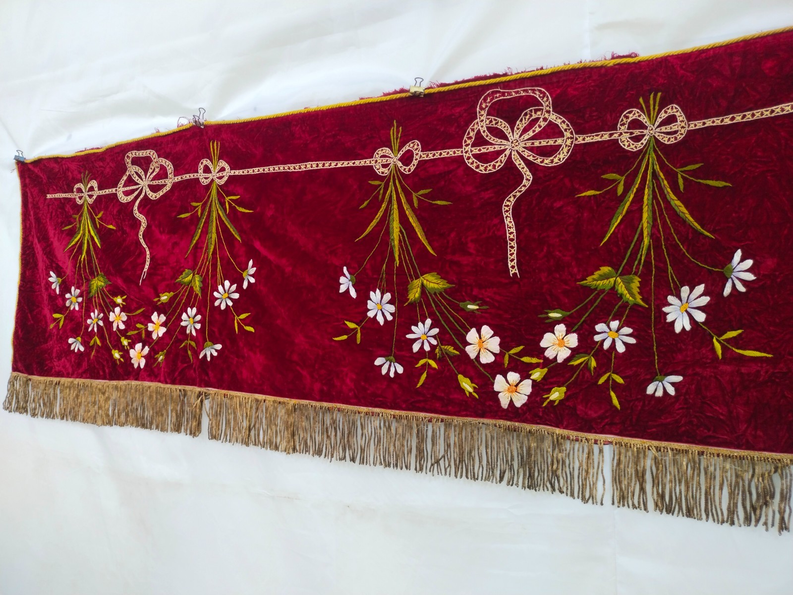 vintage French silk embroidery velvet textile floral panel needlework A242