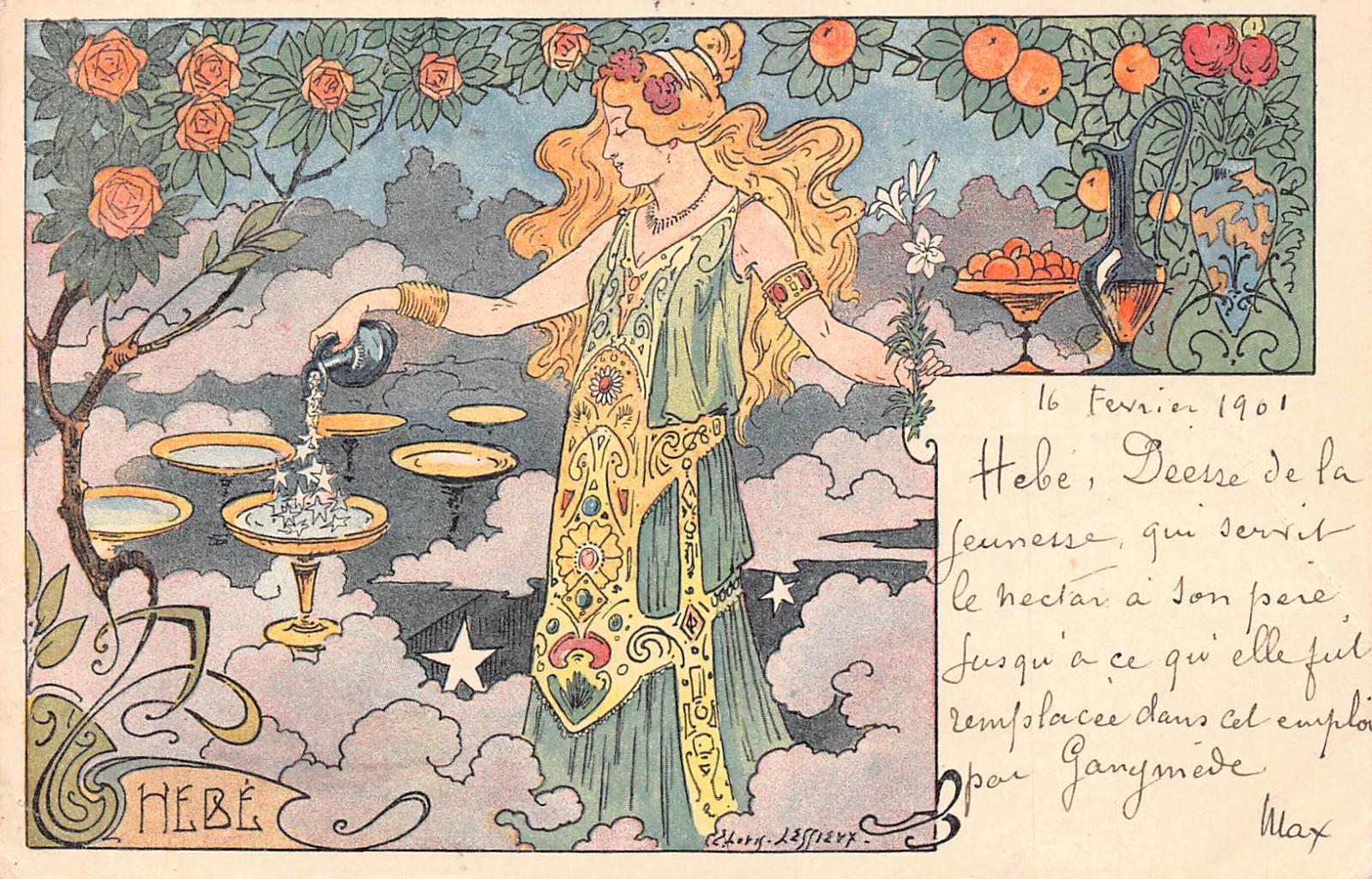 L554 Art Nouveau Hebe greek goddess youth Louis Lessieux 1901 vintage postcard