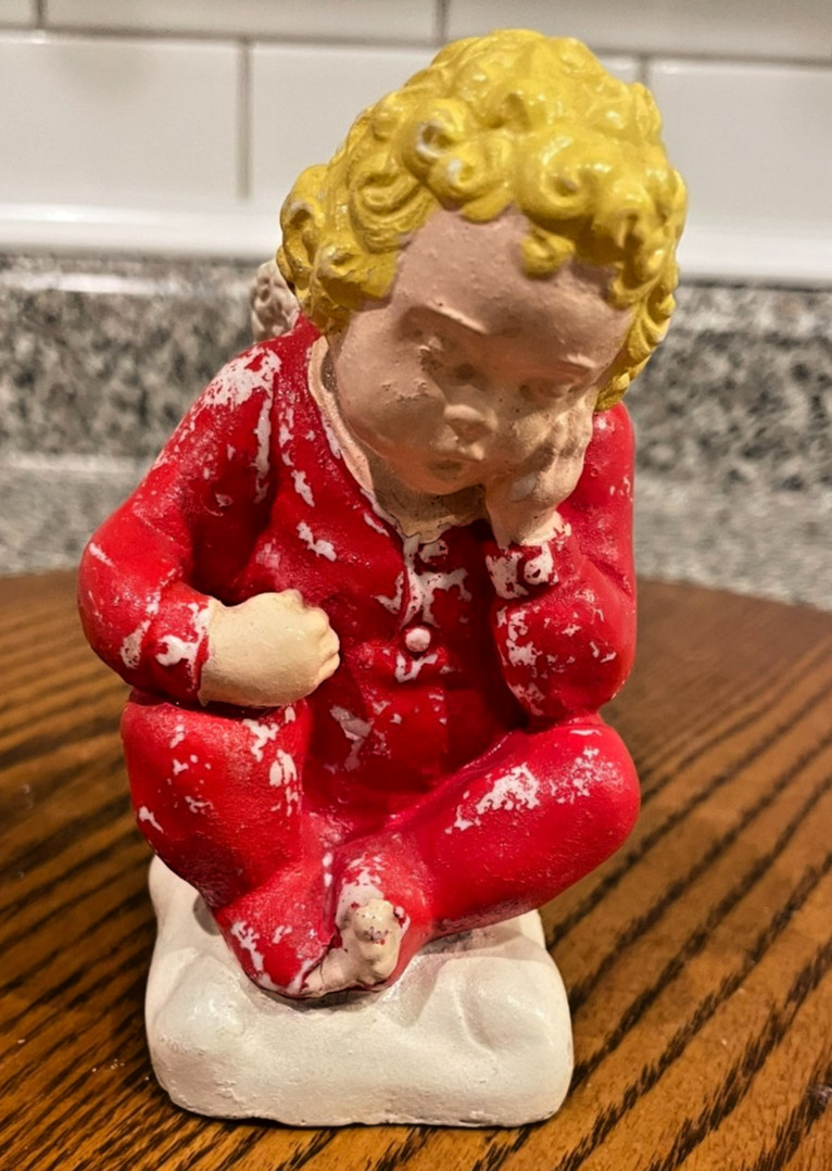 Vintage Chalkware blonde girl with red pajamas 4\