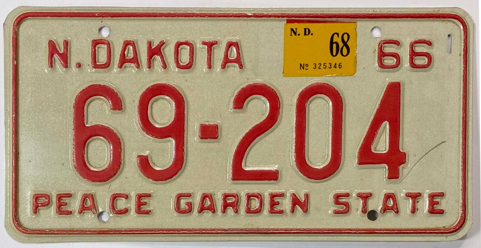 Vintage North Dakota 1966 1968 License Plate 69-204 in Very Good Condition