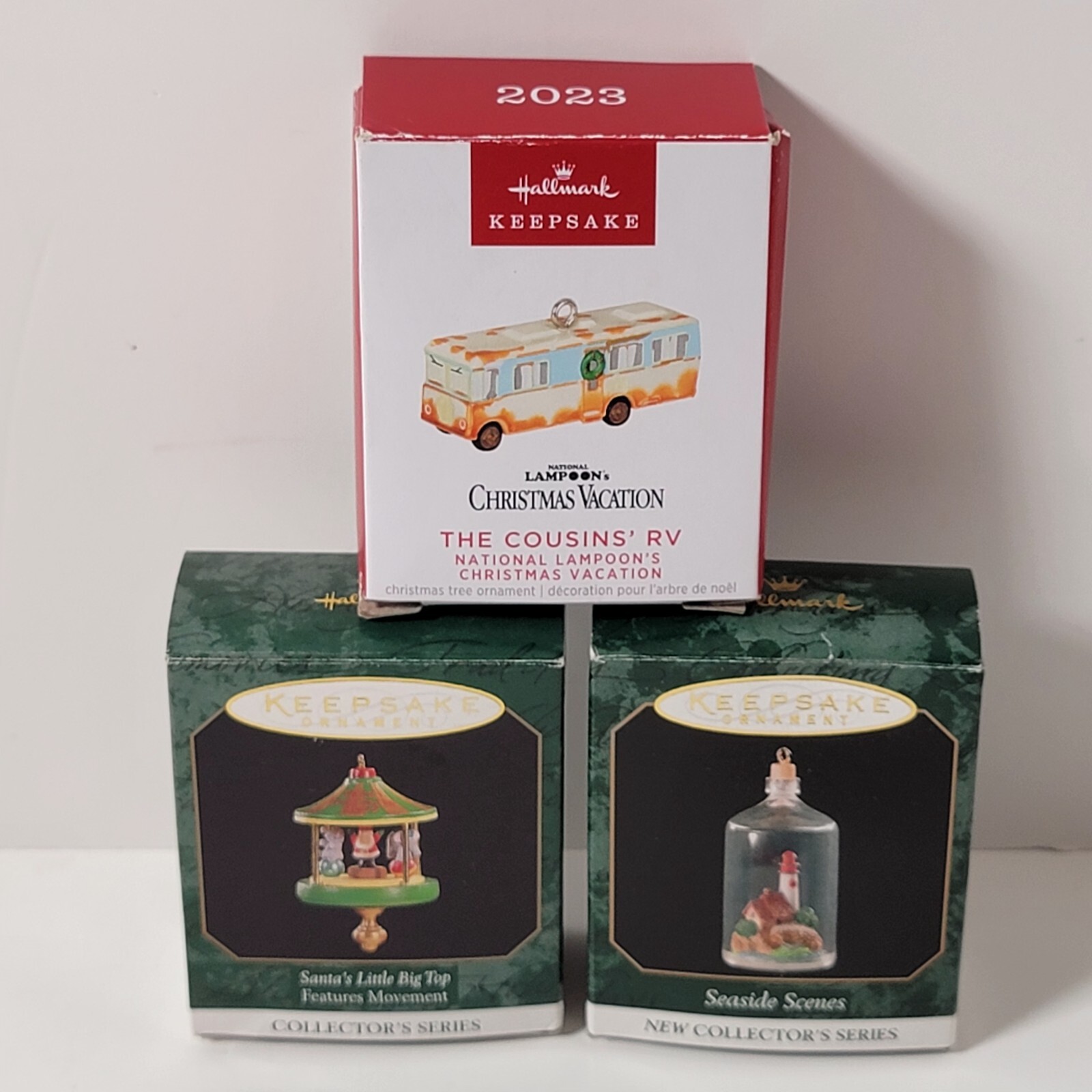 Vtg 1997/1999/2023 Miniature Hallmark Keepsake Ornament RV Santa Big Top Seaside