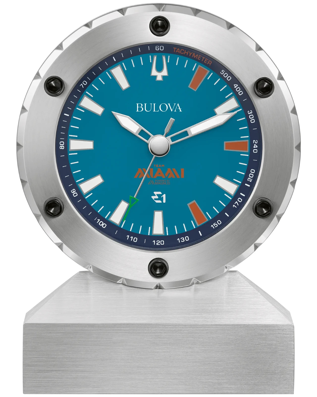 Bulova E1 Racing Team Miami Tabletop Clock Sea Blue Orange Accents