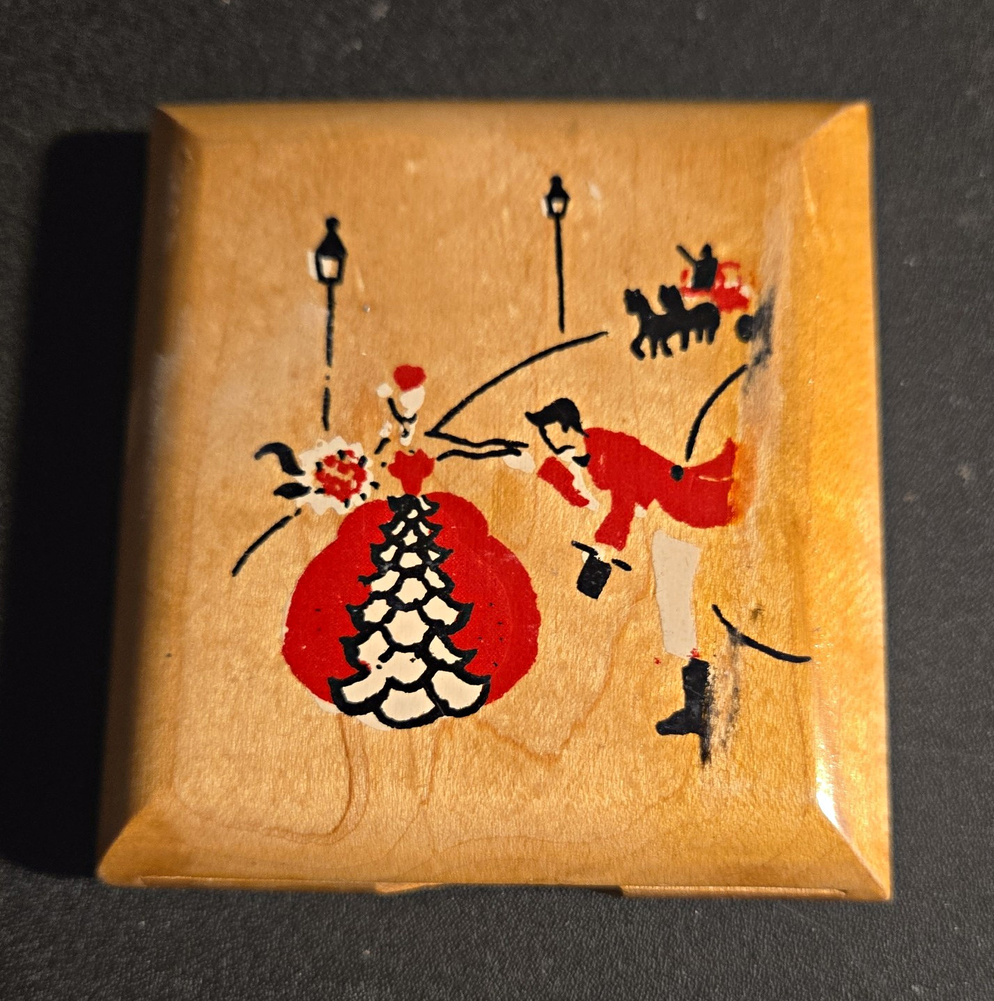 Vintage Wooden Vanity Powder Compact w/ Mirror, Hand-Painted Couple Scene