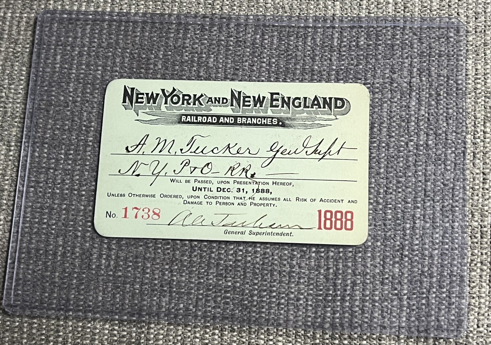 1888 New York & New England Railroad Annual Pass – Executive Issue