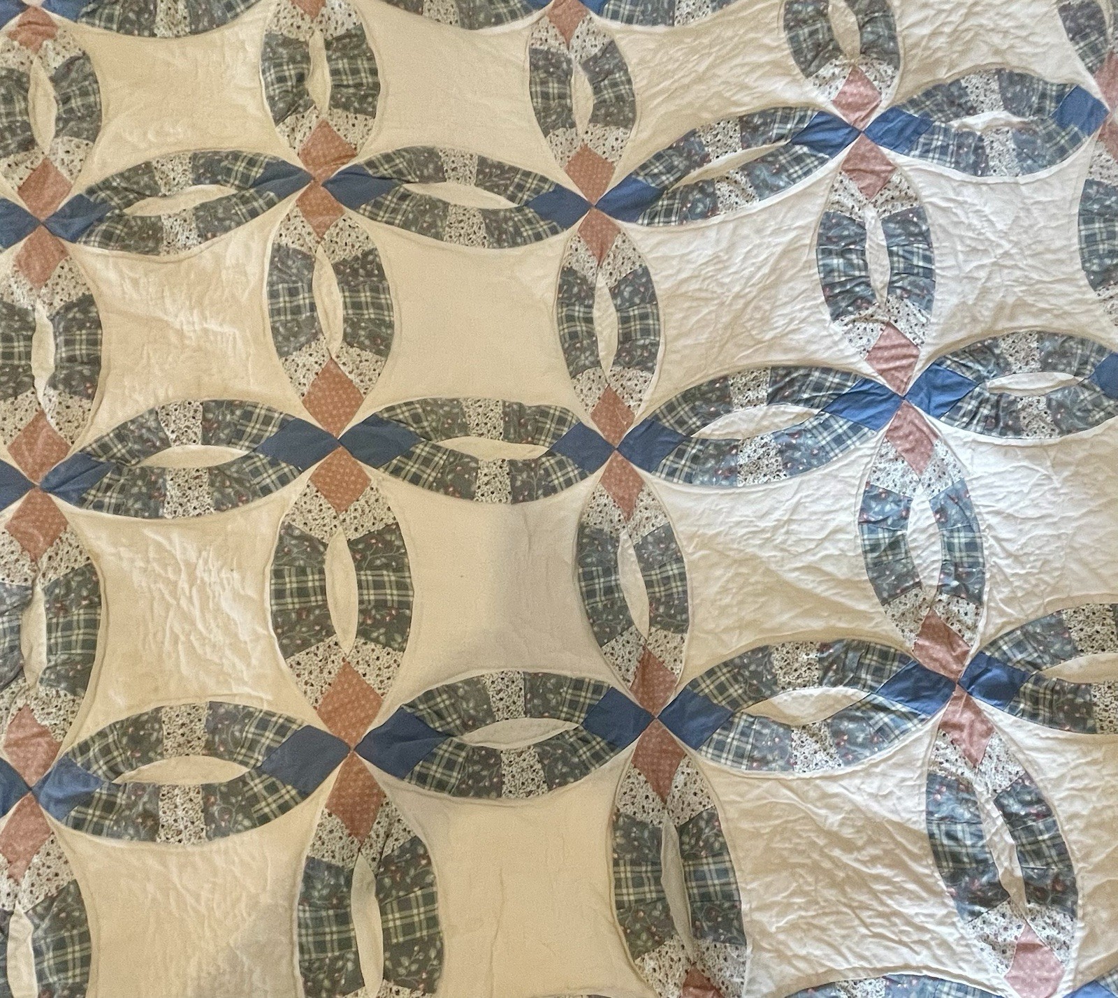 Vintage Arch Quilts Double Wedding Ring Quilt Queen Full Blue Calico Patchwork Vintage Arch Quilts Double Wedding Ring Quilt Queen Full Blue Calico Patchwork
