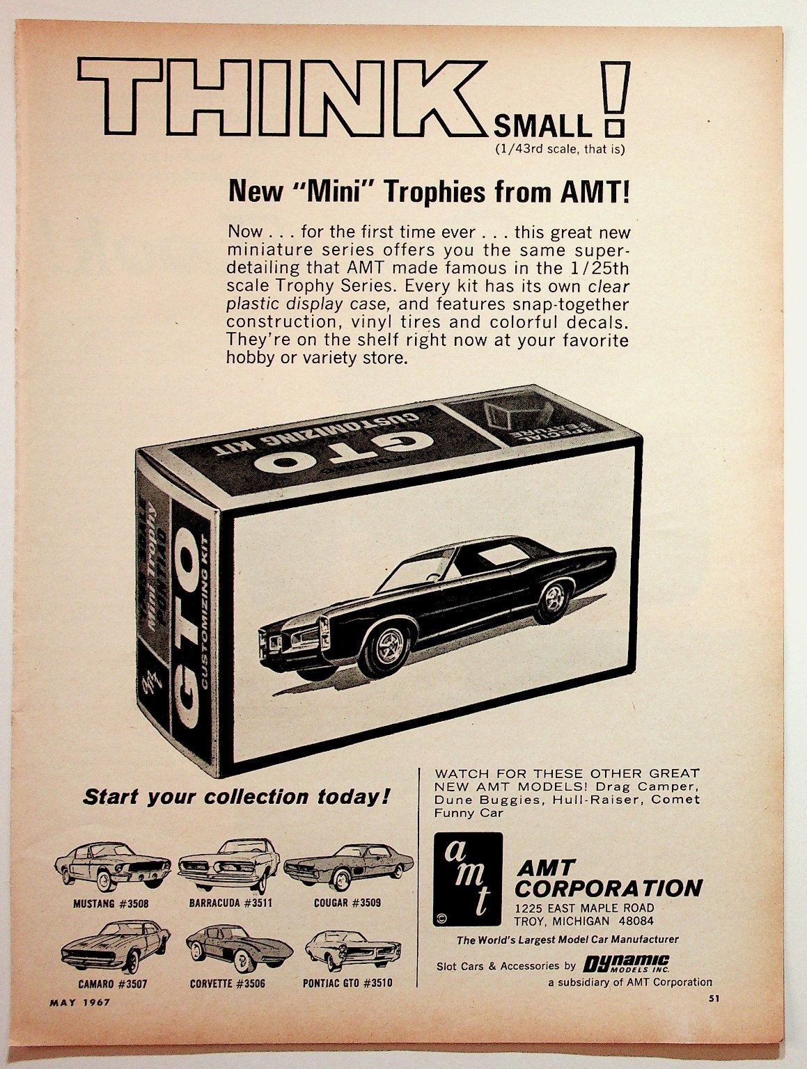 AMT 1967 Vintage Magazine Ad Mini Trophies 1/43 GTO Mustang Camaro Corvette