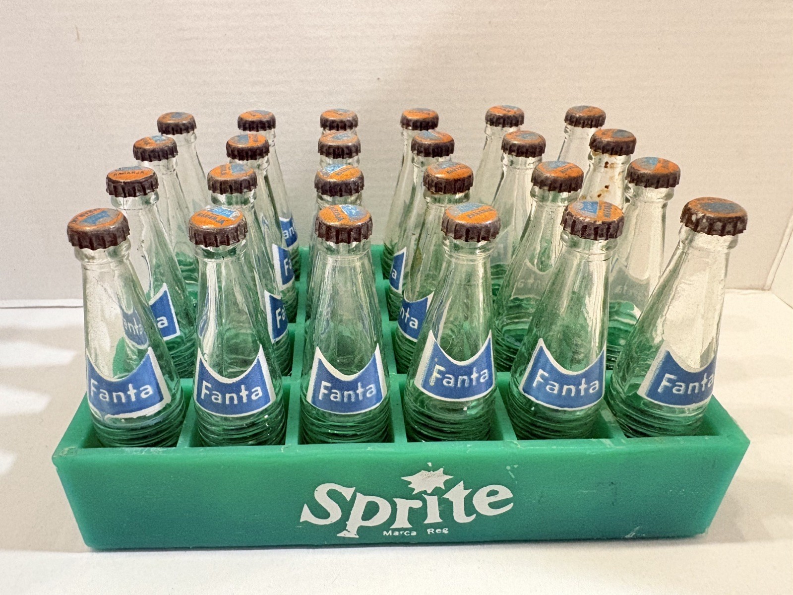 Vintage Mini 3 Inch Fanta Bottles (24 total) with Plastic Sprite Carrier