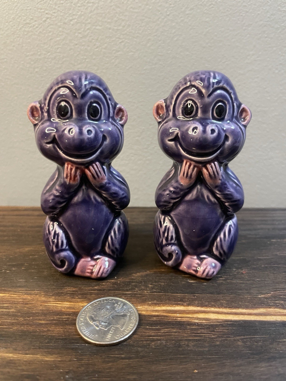 Vintage 1960’s Purple Ceramic Anthropomorphic Monkey Salt And Pepper Shakers
