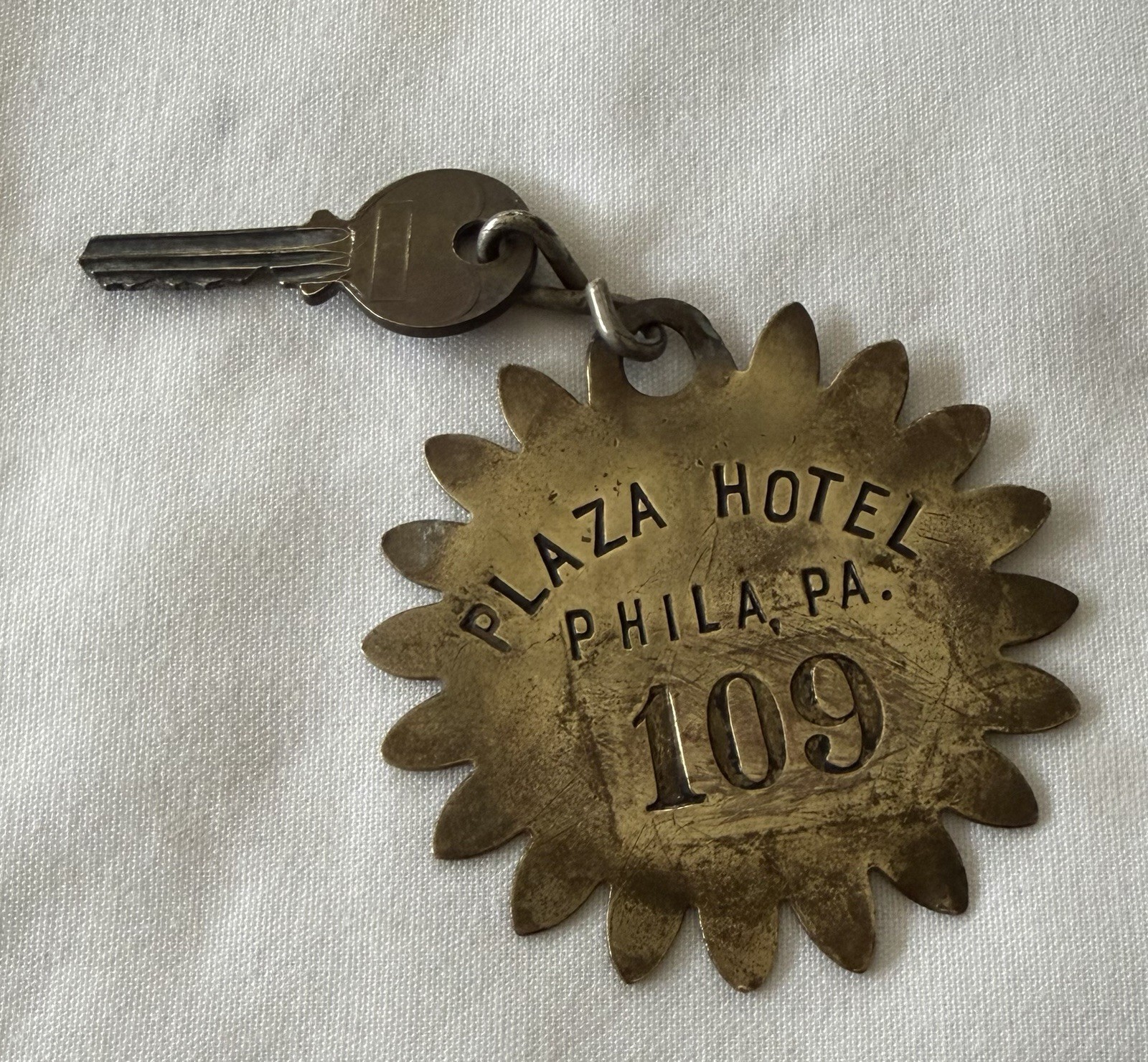 RARE Antique PLAZA HOTEL PHILA, PA  Brass Key and Fob  Room 109